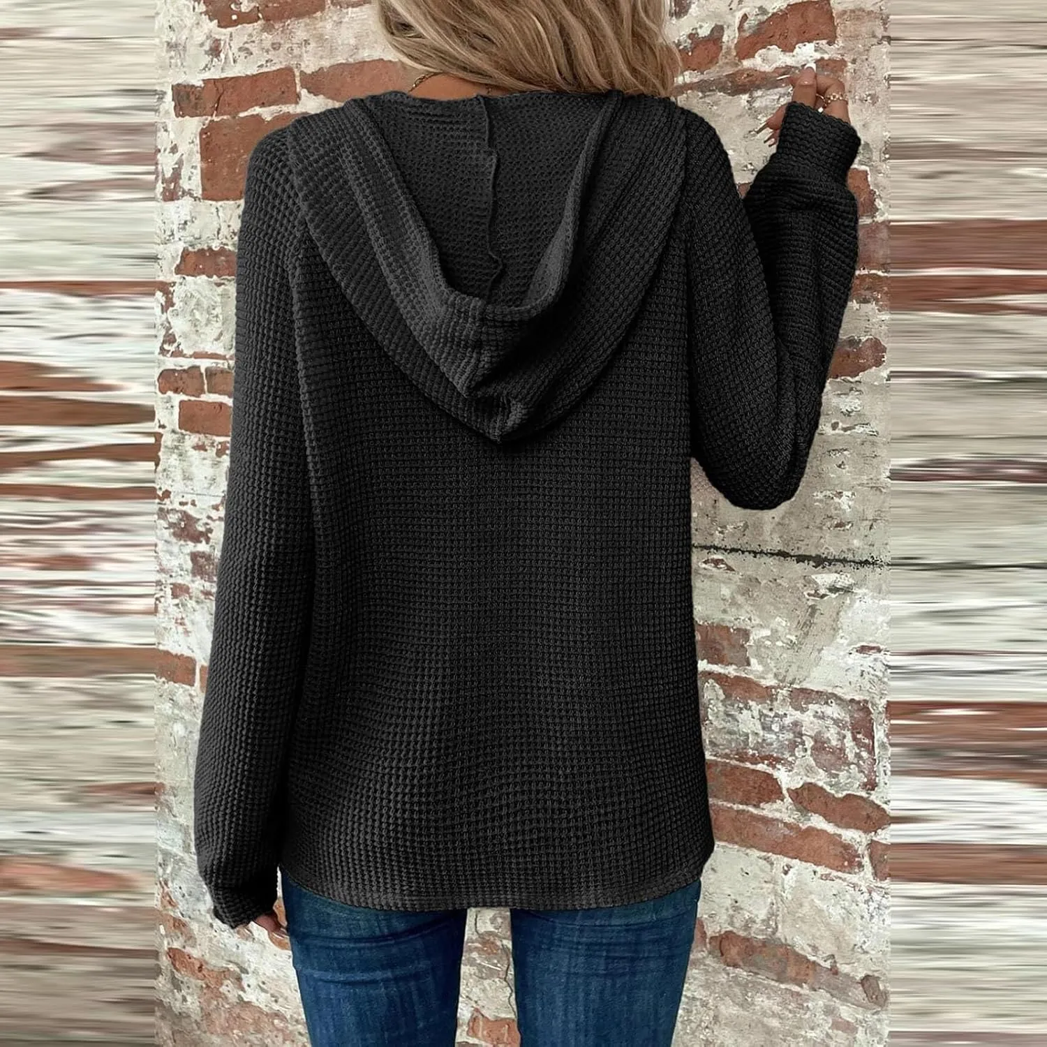 Oversized Hoodies for Women Soft V Neck Waffle Knit Hooded Sweatshirt Lightweight Fall Long Sleeve Pullover Sweaters