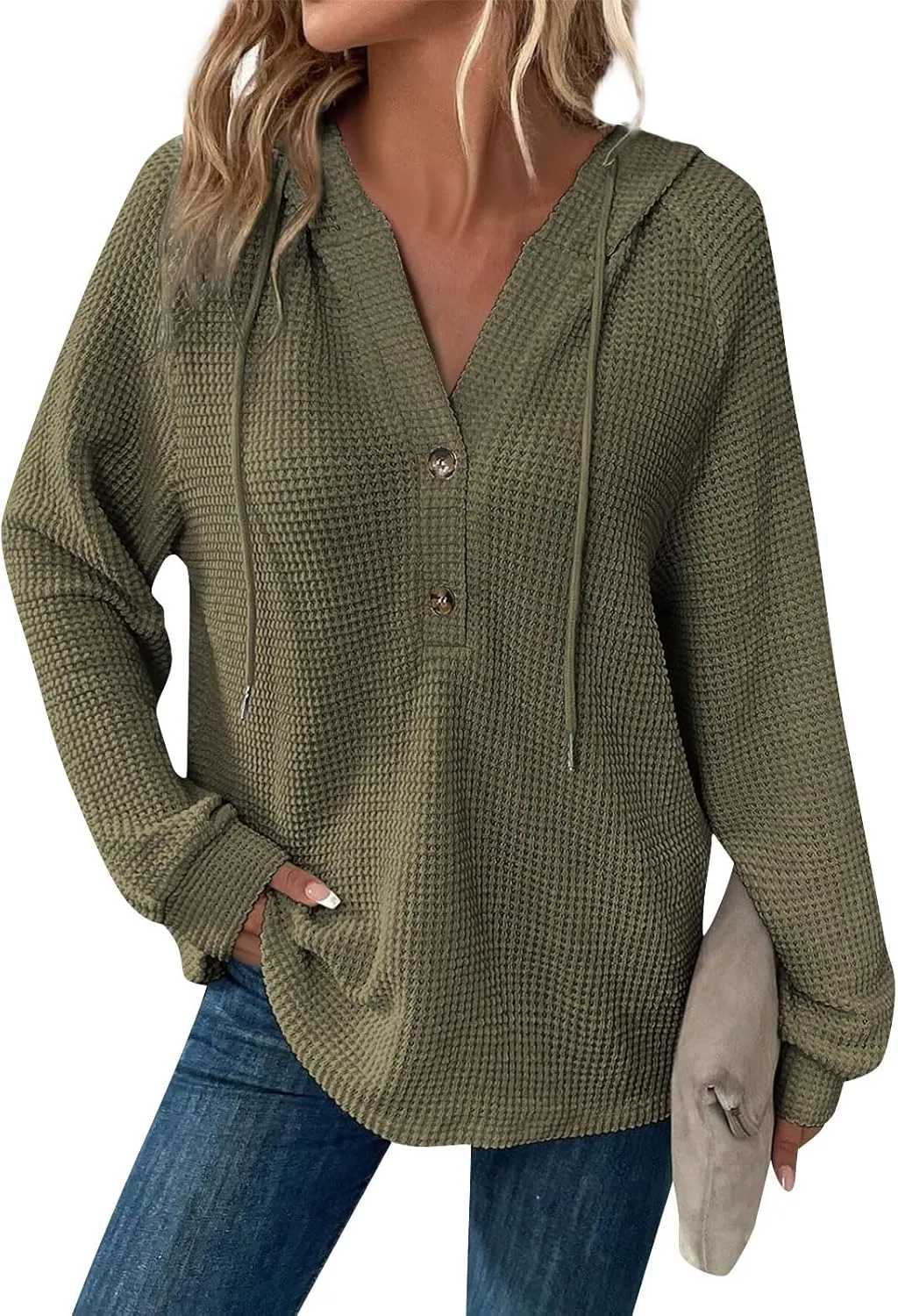 Oversized Hoodies for Women Soft V Neck Waffle Knit Hooded Sweatshirt Lightweight Fall Long Sleeve Pullover Sweaters