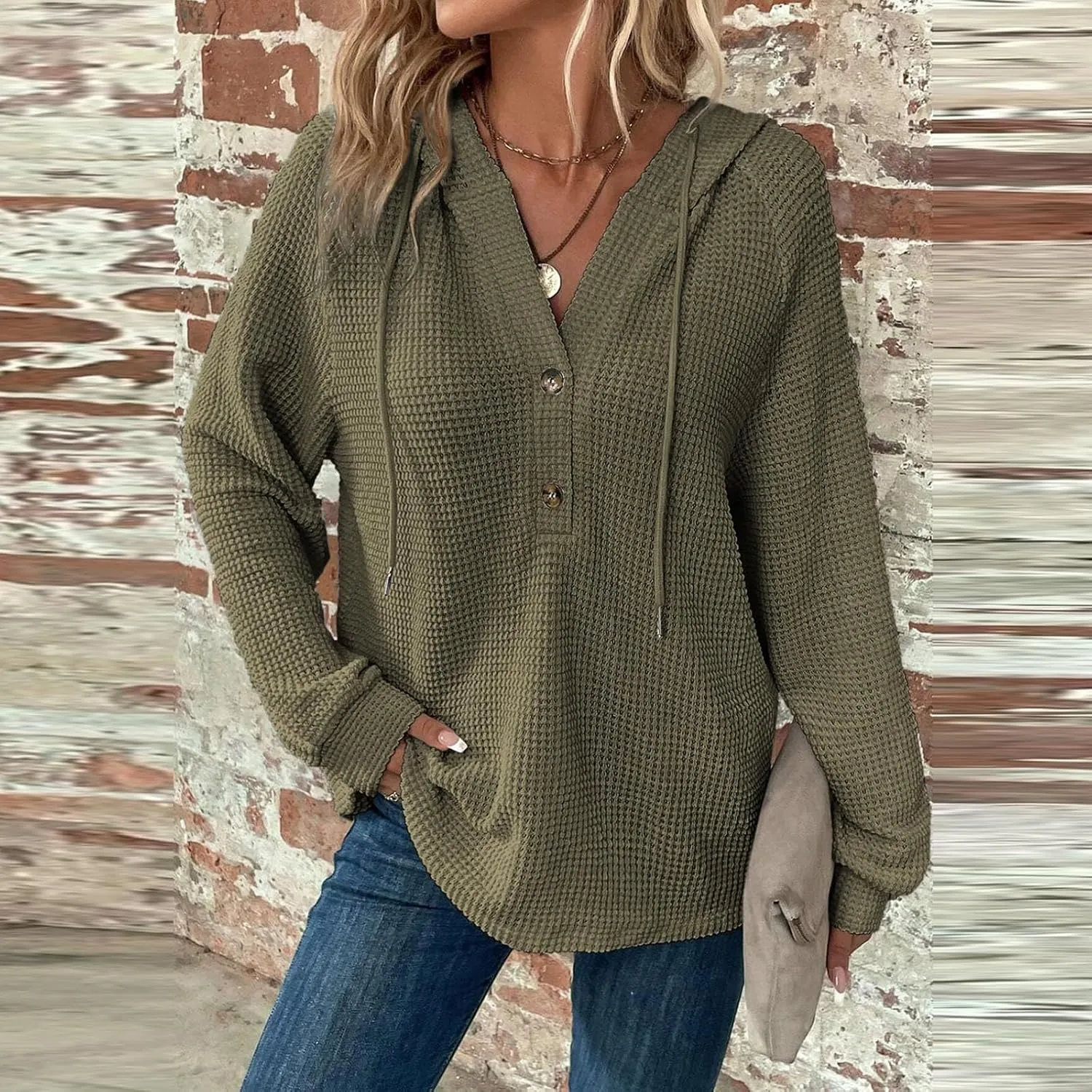 Oversized Hoodies for Women Soft V Neck Waffle Knit Hooded Sweatshirt Lightweight Fall Long Sleeve Pullover Sweaters