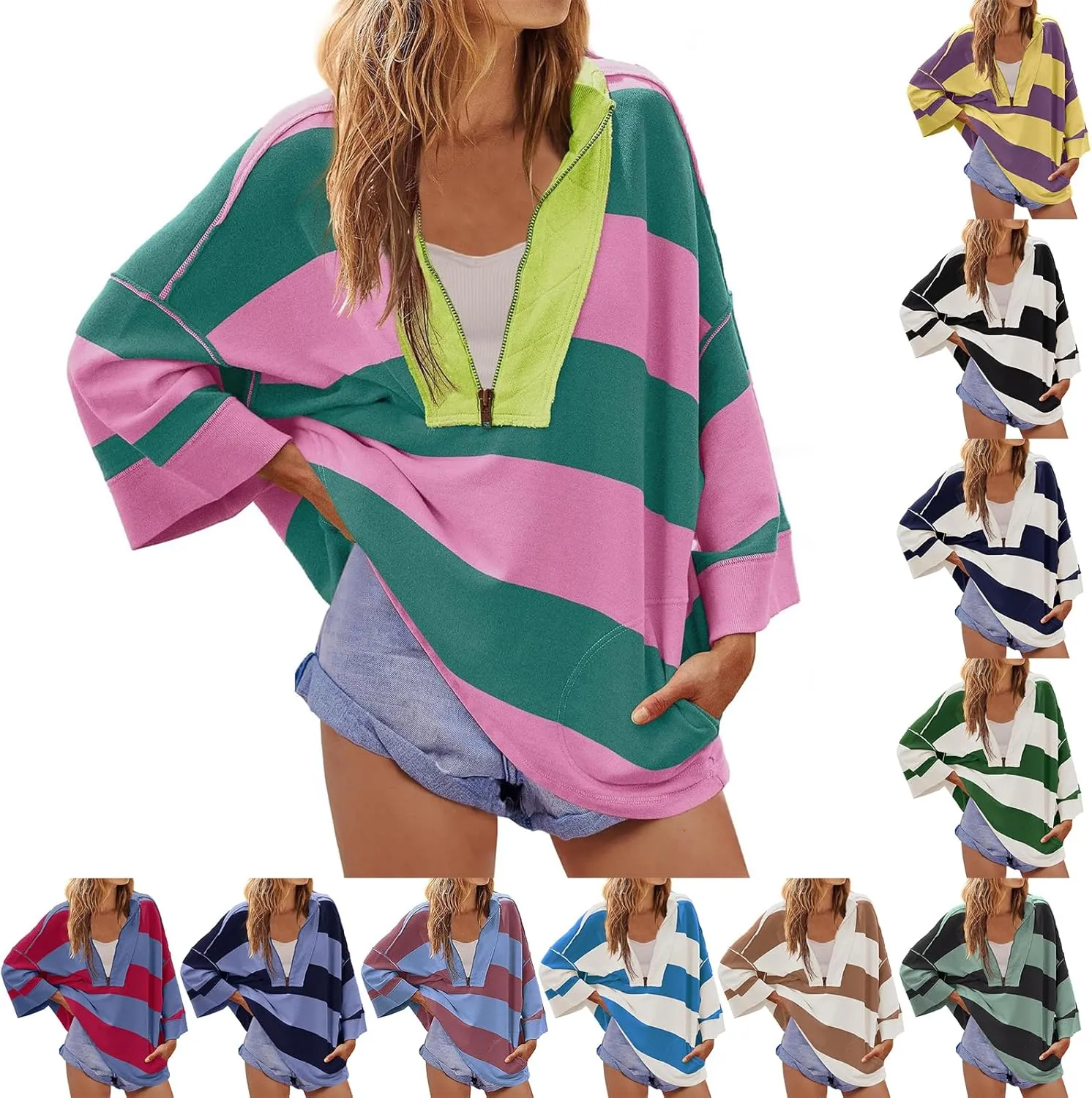 Oversized Womens T Shirts Fall Spring Sweatshirt Half Zipper Turtleneck Sweater Long Sleeve Tops for Women