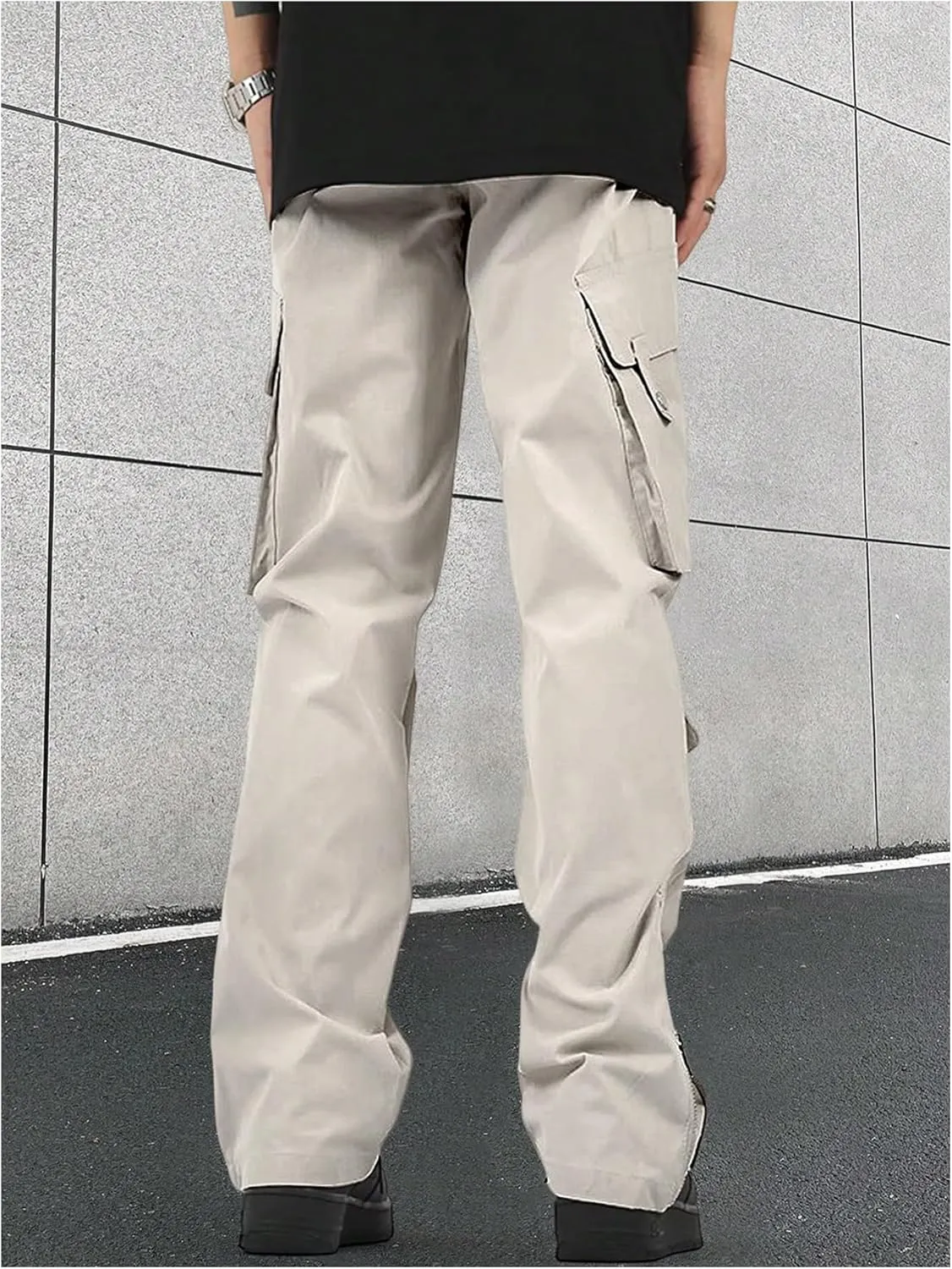 OYOANGLE Men's Drawstring Elastic Waist Side Slit Cargo Pants Straight Leg Flap Pockets Casual Hiking Trousers