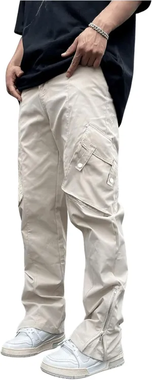 OYOANGLE Men's Drawstring Elastic Waist Side Slit Cargo Pants Straight Leg Flap Pockets Casual Hiking Trousers