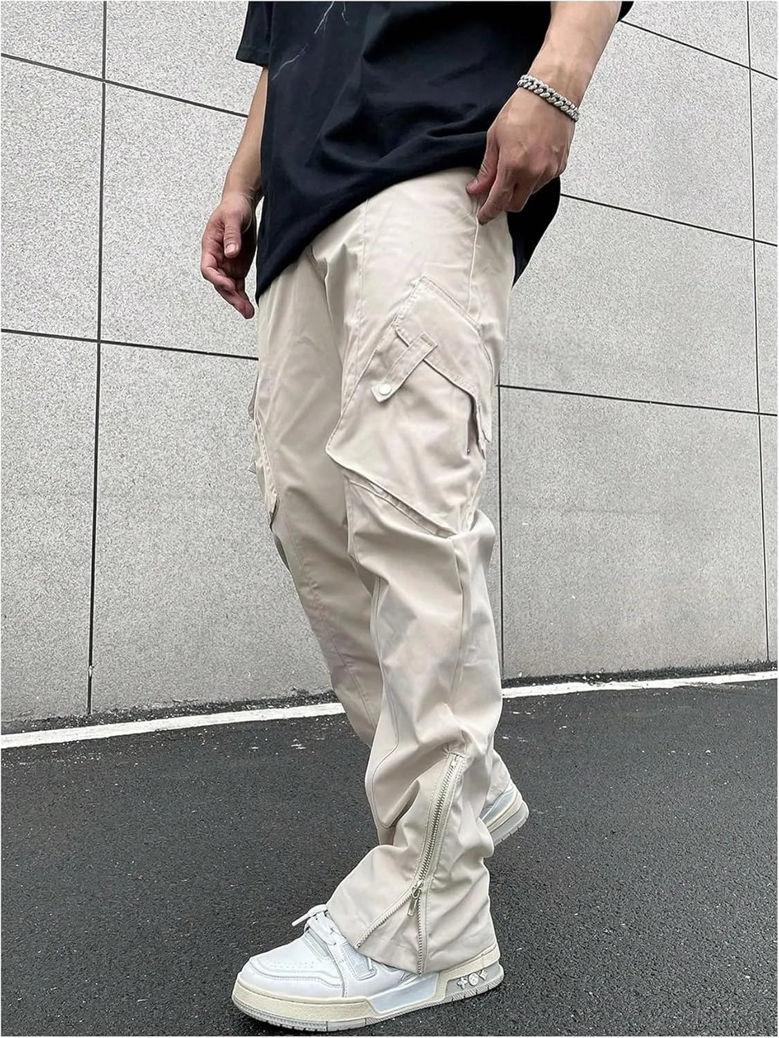 OYOANGLE Men's Drawstring Elastic Waist Side Slit Cargo Pants Straight Leg Flap Pockets Casual Hiking Trousers
