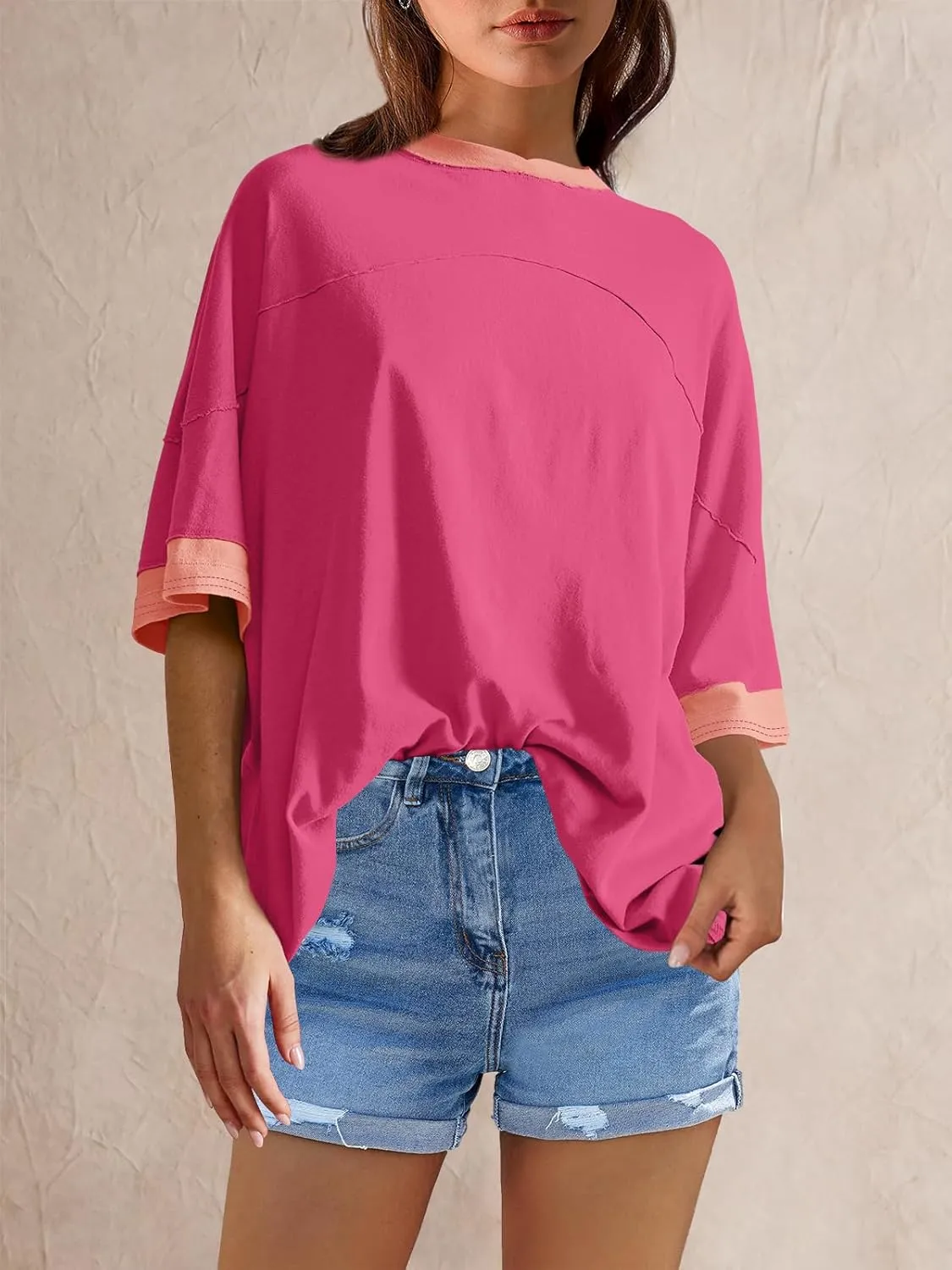 Panadila Womens Oversized Tshirts Colorblock Tops Crew Neck Short Sleeve Shirts Summer Athletic BF Tees Loose Fit Y2k