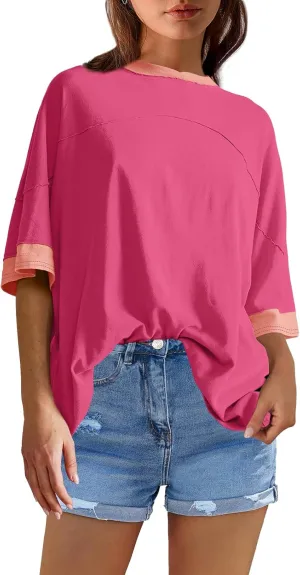 Panadila Womens Oversized Tshirts Colorblock Tops Crew Neck Short Sleeve Shirts Summer Athletic BF Tees Loose Fit Y2k