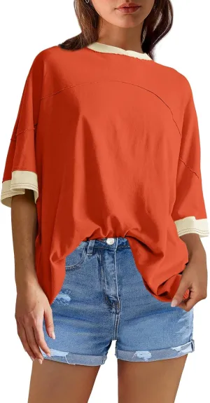 Panadila Womens Oversized Tshirts Colorblock Tops Crew Neck Short Sleeve Shirts Summer Athletic BF Tees Loose Fit Y2k