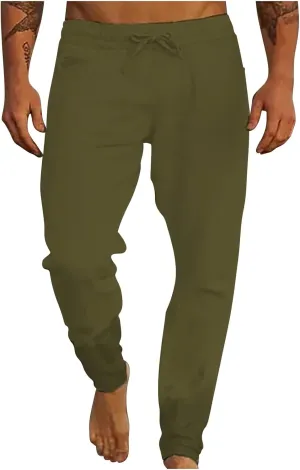 Pants for Men Cotton Linen Trousers Tapered Joggers Slacks Summer Beach Pants Lightweight Drawstring with Pockets