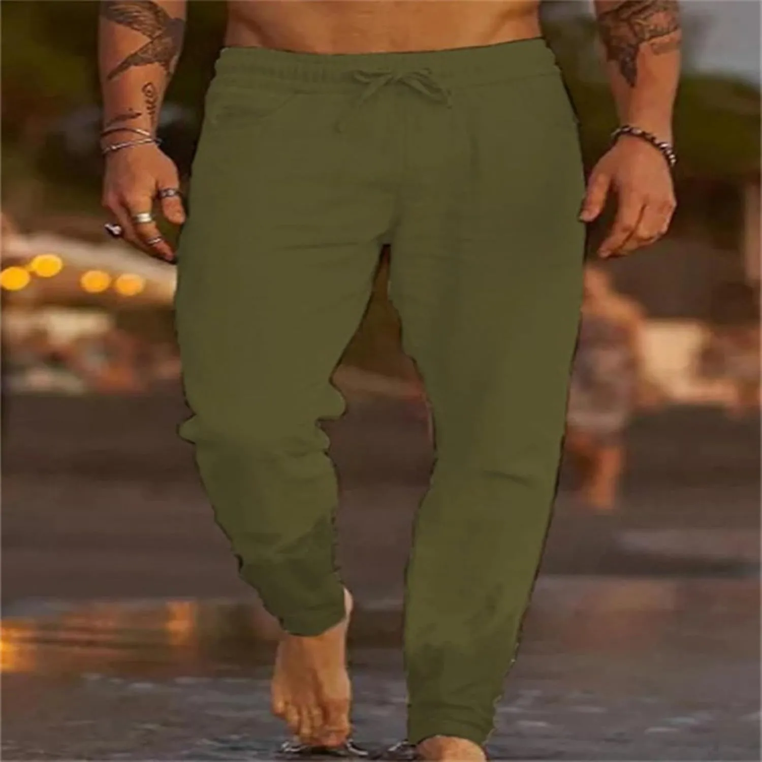Pants for Men Cotton Linen Trousers Tapered Joggers Slacks Summer Beach Pants Lightweight Drawstring with Pockets