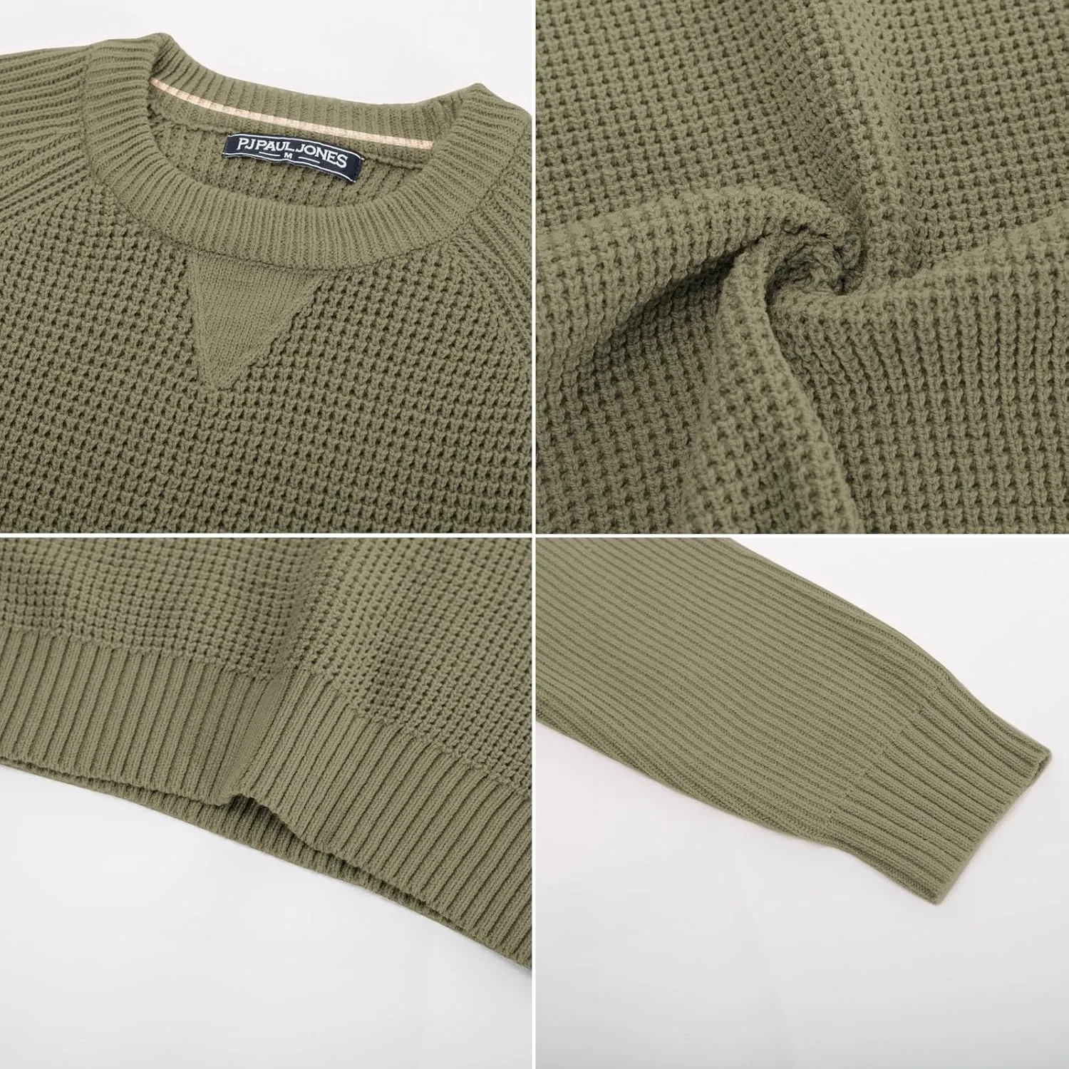 PJ PAUL JONES Mens Crewneck Sweater Waffle Knitted Pullover Sweaters Raglan Sleeve Knitwear Sweaters
