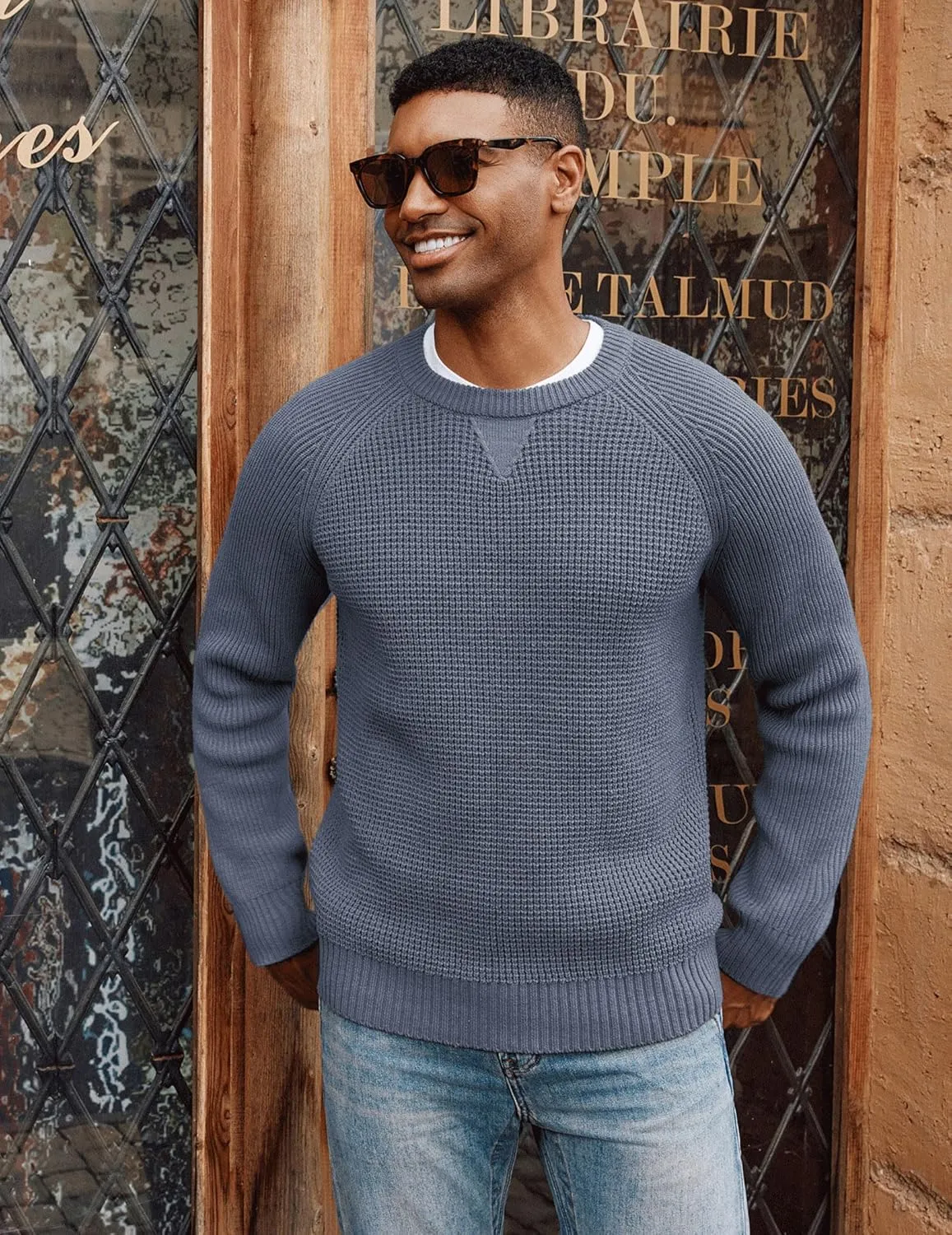 PJ PAUL JONES Mens Crewneck Sweater Waffle Knitted Pullover Sweaters Raglan Sleeve Knitwear Sweaters