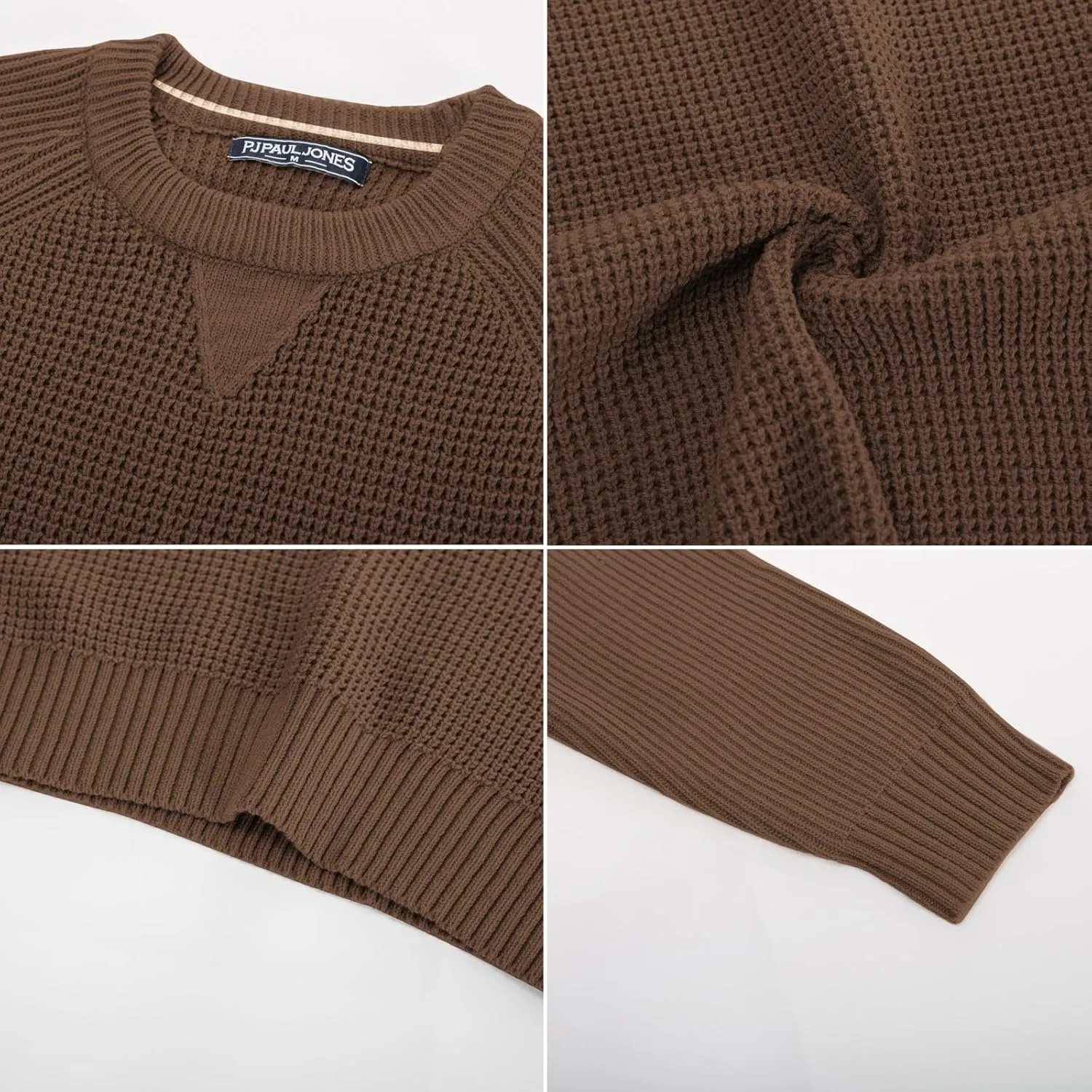 PJ PAUL JONES Mens Crewneck Sweater Waffle Knitted Pullover Sweaters Raglan Sleeve Knitwear Sweaters