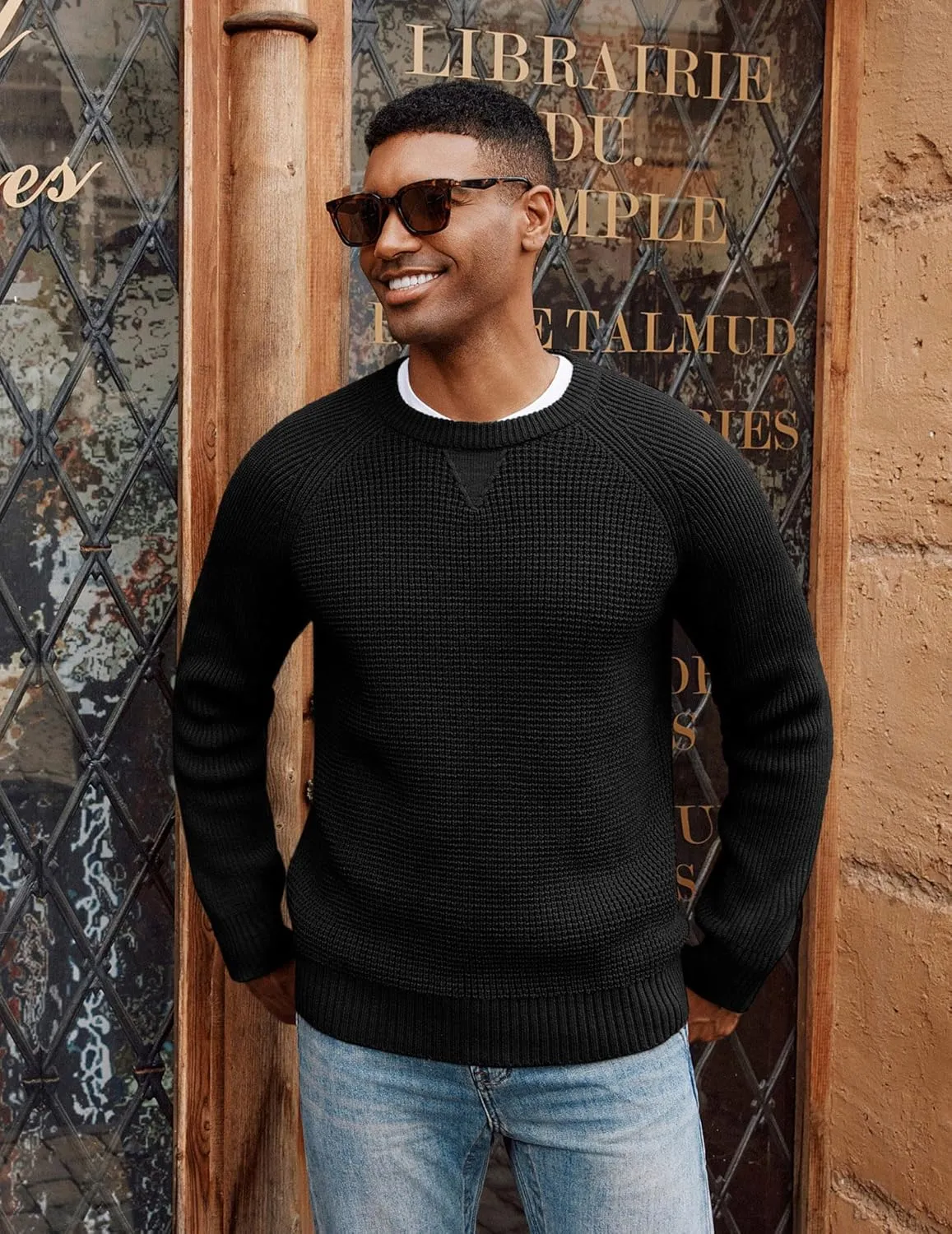 PJ PAUL JONES Mens Crewneck Sweater Waffle Knitted Pullover Sweaters Raglan Sleeve Knitwear Sweaters
