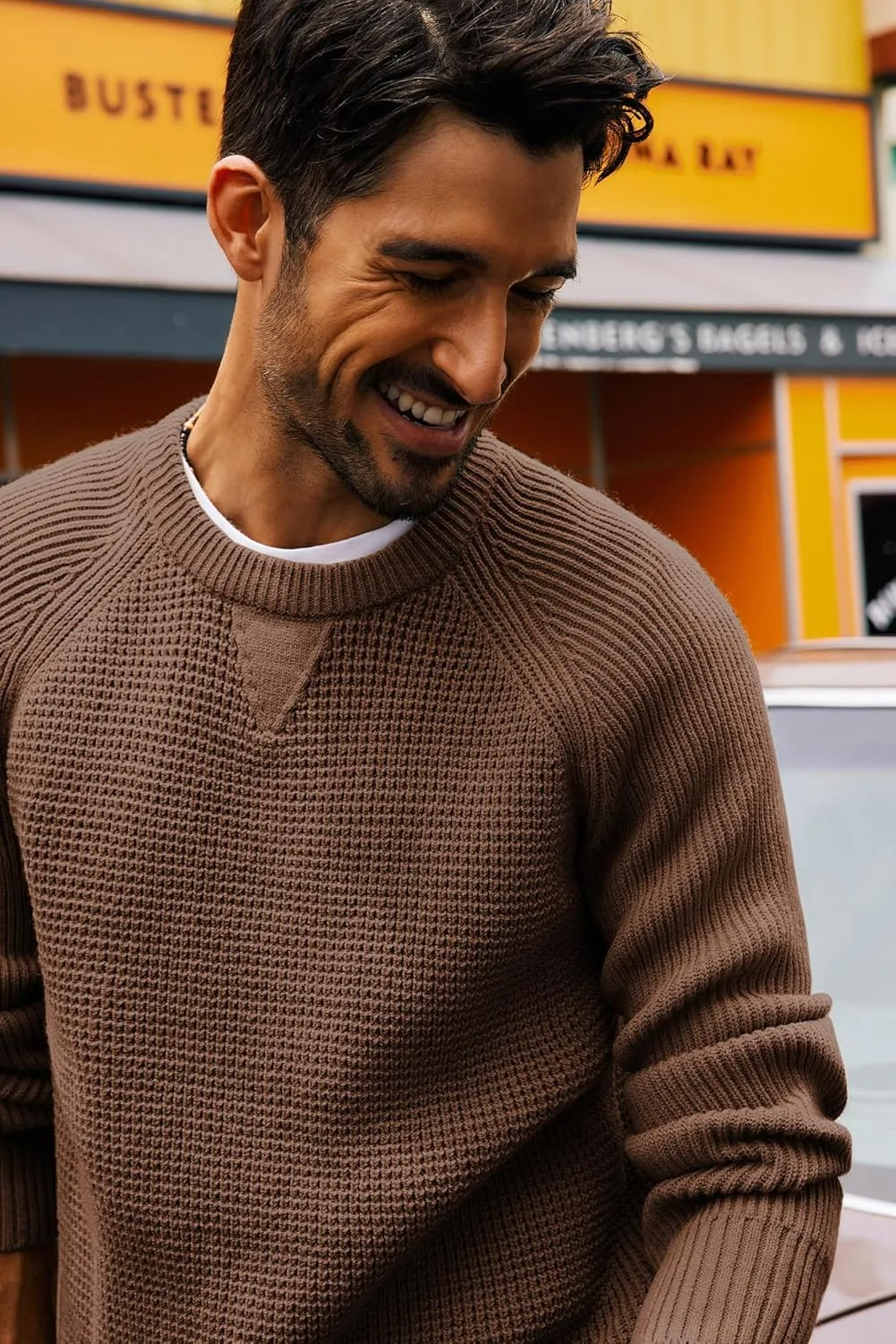 PJ PAUL JONES Mens Crewneck Sweater Waffle Knitted Pullover Sweaters Raglan Sleeve Knitwear Sweaters