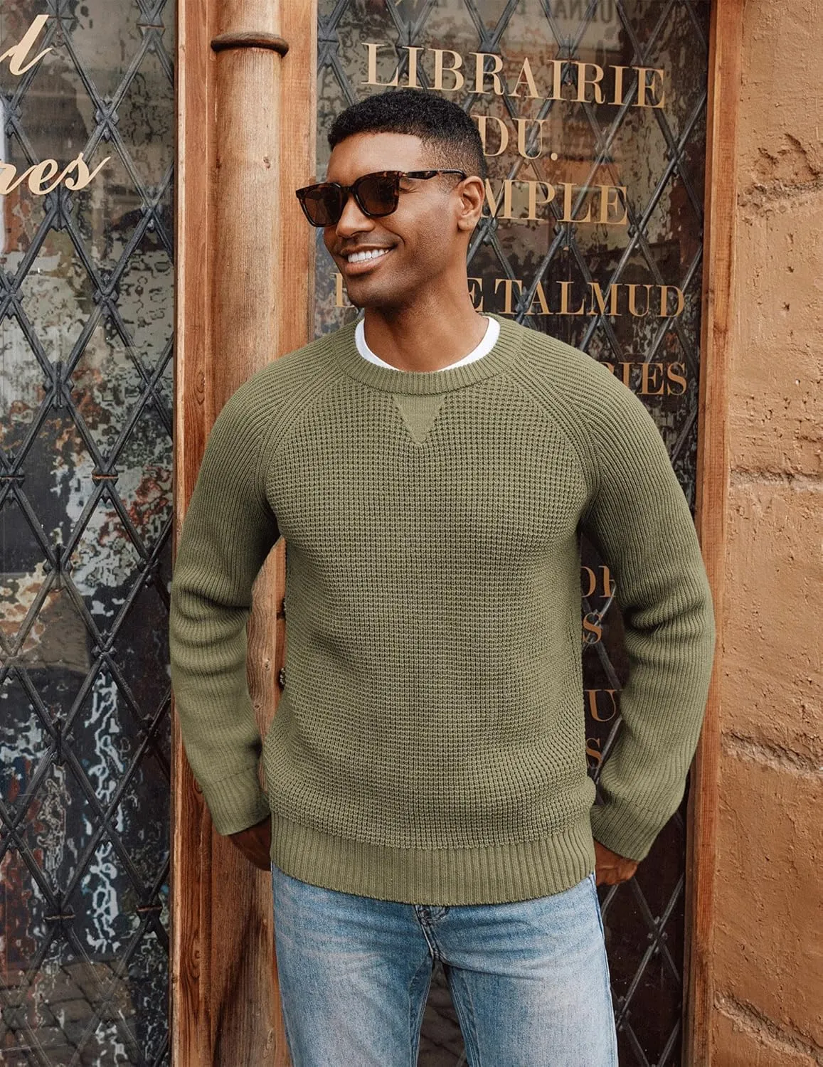 PJ PAUL JONES Mens Crewneck Sweater Waffle Knitted Pullover Sweaters Raglan Sleeve Knitwear Sweaters