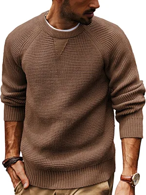 PJ PAUL JONES Mens Crewneck Sweater Waffle Knitted Pullover Sweaters Raglan Sleeve Knitwear Sweaters