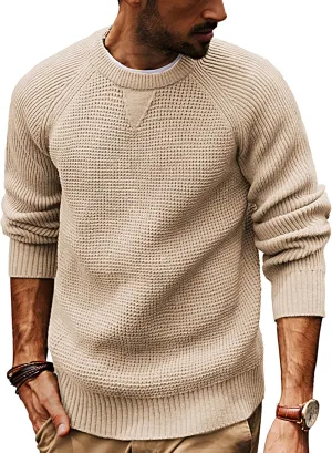 PJ PAUL JONES Mens Crewneck Sweater Waffle Knitted Pullover Sweaters Raglan Sleeve Knitwear Sweaters