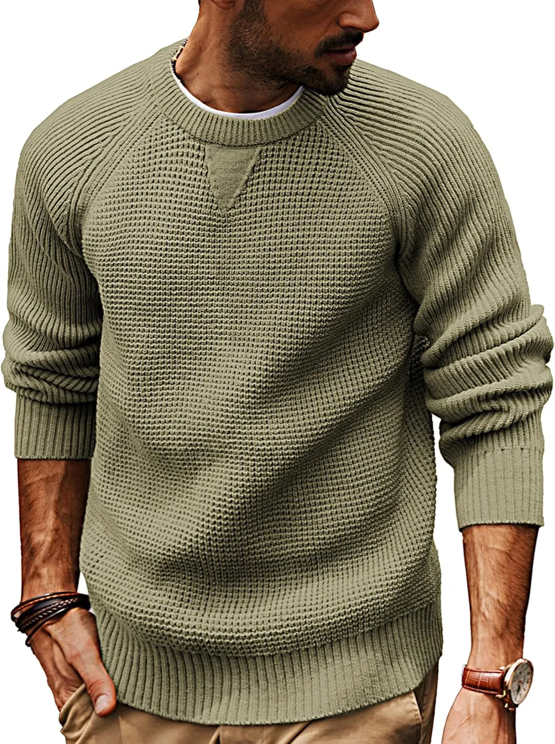 PJ PAUL JONES Mens Crewneck Sweater Waffle Knitted Pullover Sweaters Raglan Sleeve Knitwear Sweaters