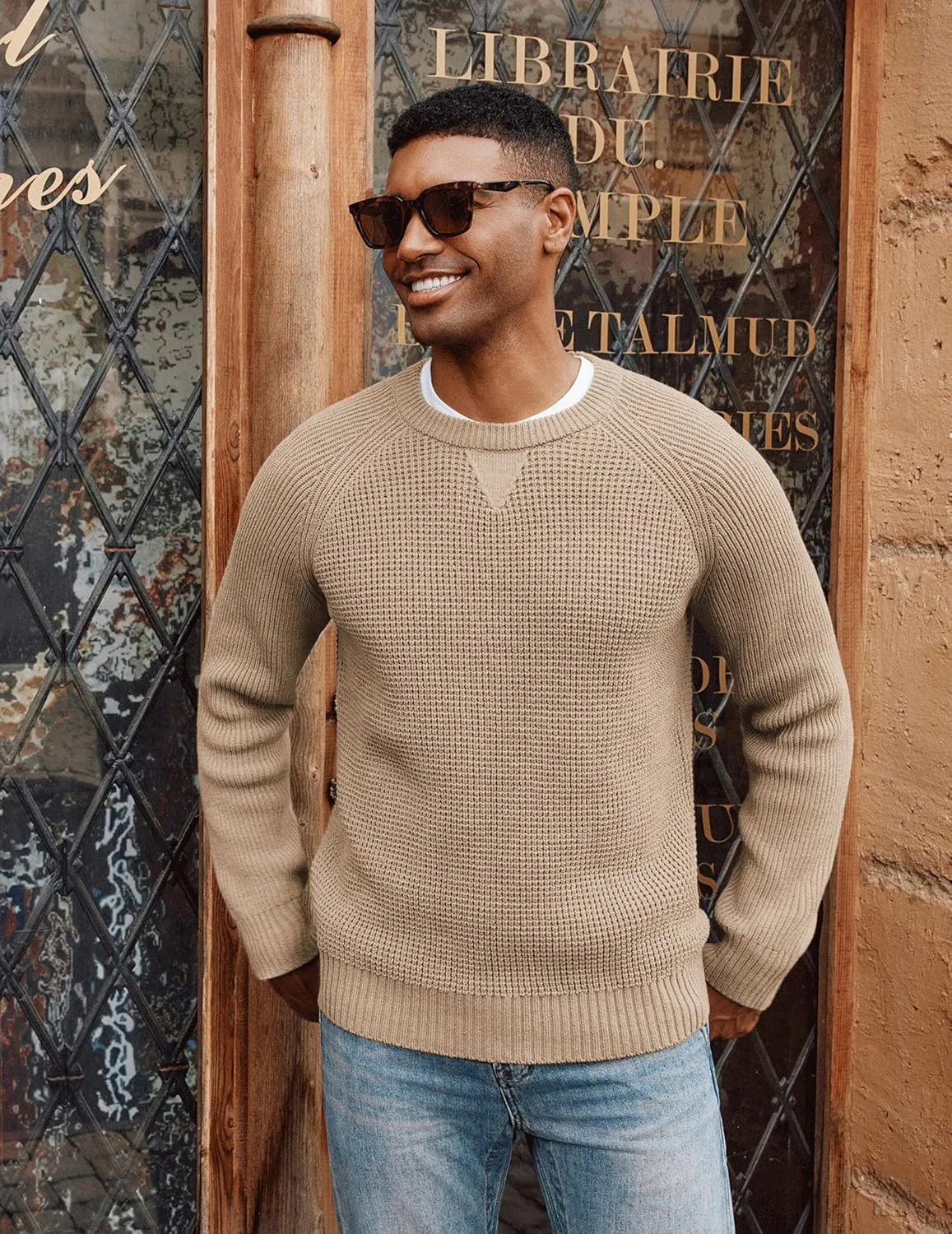 PJ PAUL JONES Mens Crewneck Sweater Waffle Knitted Pullover Sweaters Raglan Sleeve Knitwear Sweaters
