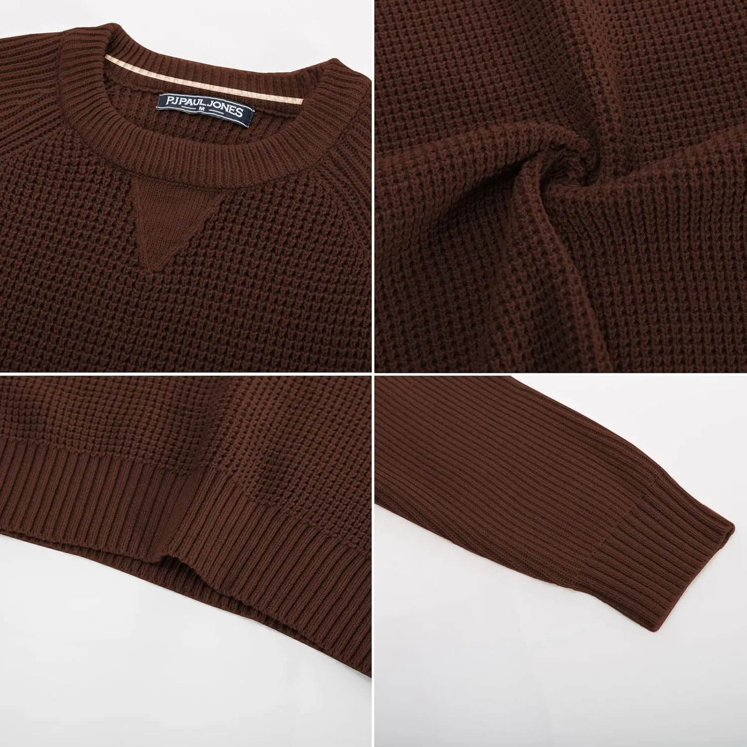 PJ PAUL JONES Mens Crewneck Sweater Waffle Knitted Pullover Sweaters Raglan Sleeve Knitwear Sweaters