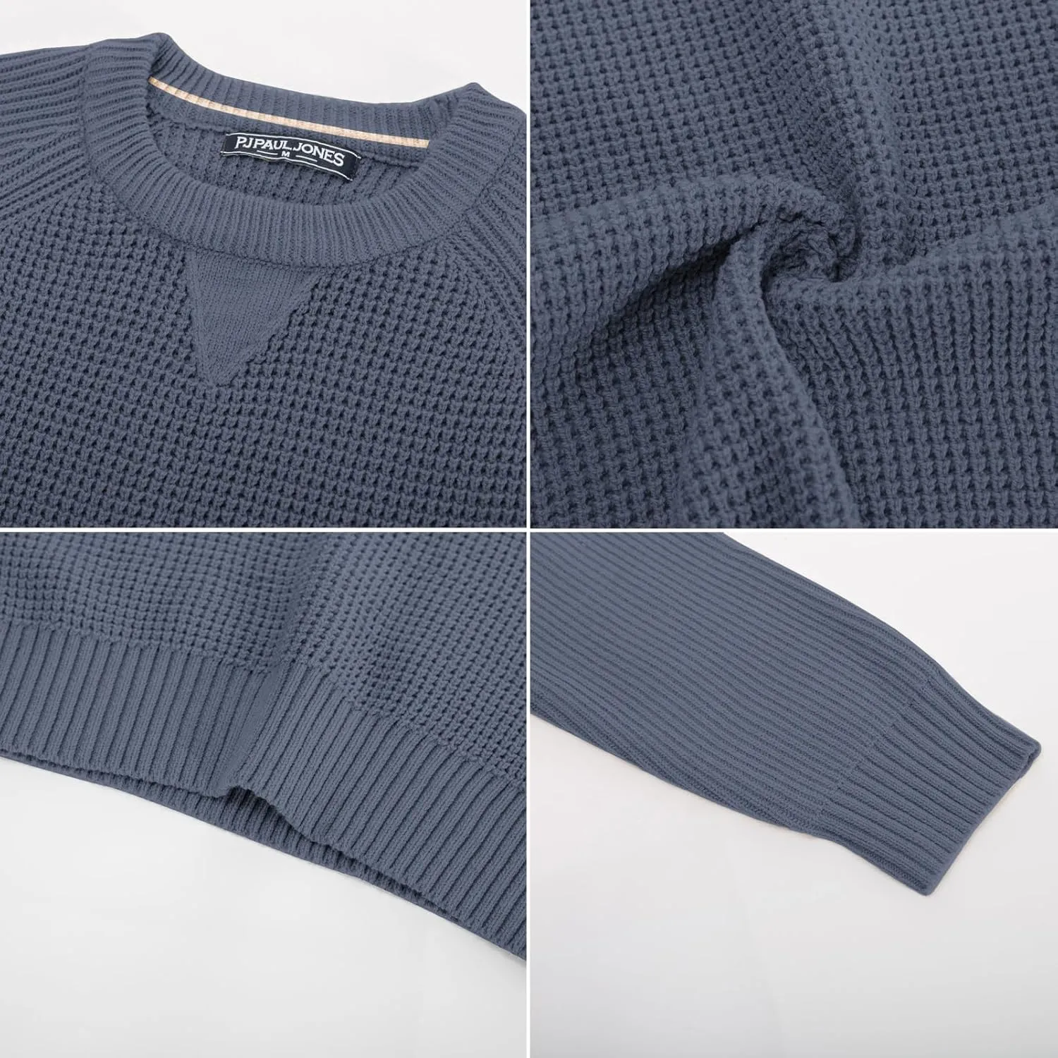 PJ PAUL JONES Mens Crewneck Sweater Waffle Knitted Pullover Sweaters Raglan Sleeve Knitwear Sweaters