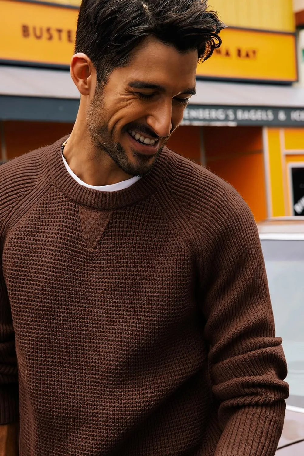 PJ PAUL JONES Mens Crewneck Sweater Waffle Knitted Pullover Sweaters Raglan Sleeve Knitwear Sweaters