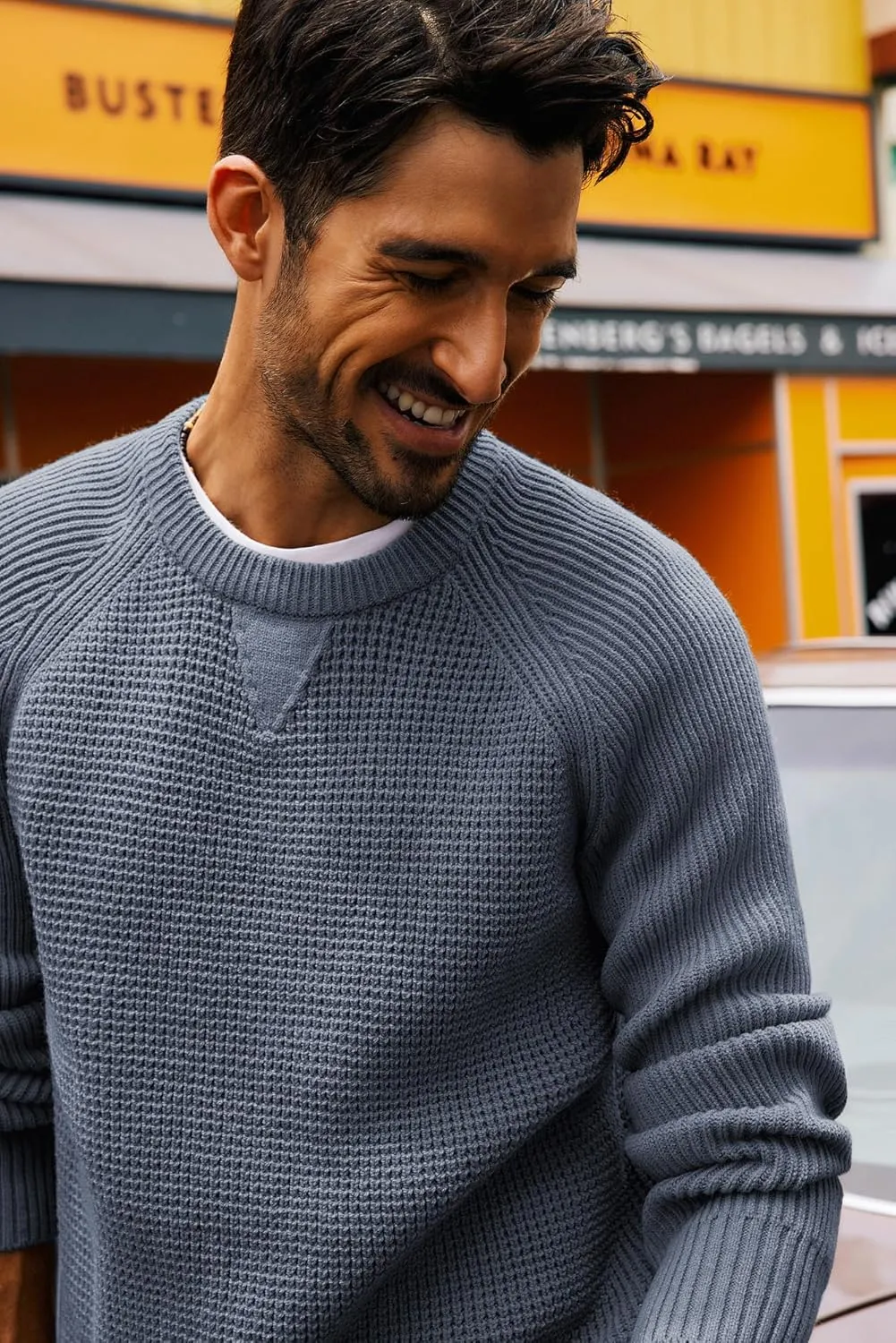 PJ PAUL JONES Mens Crewneck Sweater Waffle Knitted Pullover Sweaters Raglan Sleeve Knitwear Sweaters