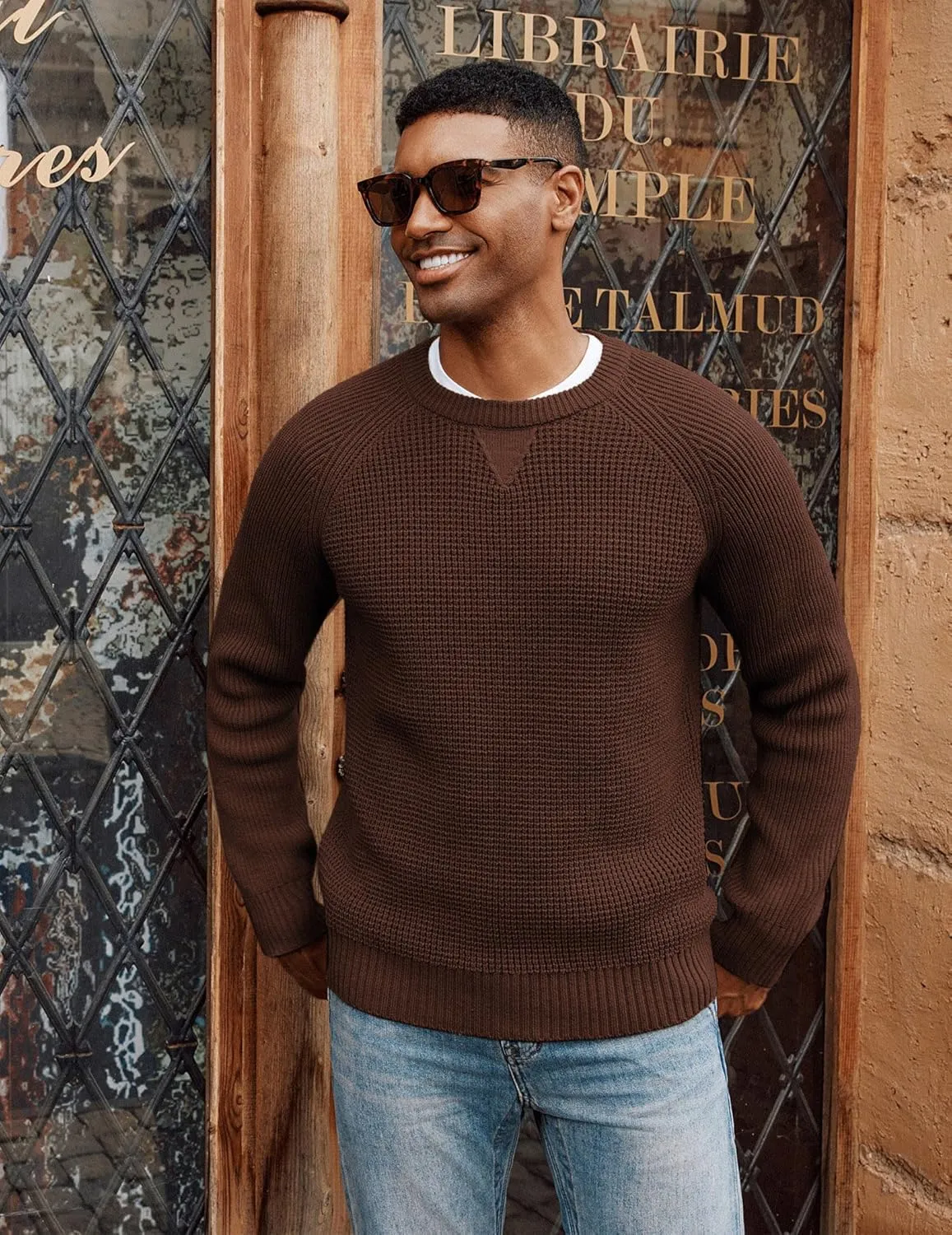 PJ PAUL JONES Mens Crewneck Sweater Waffle Knitted Pullover Sweaters Raglan Sleeve Knitwear Sweaters