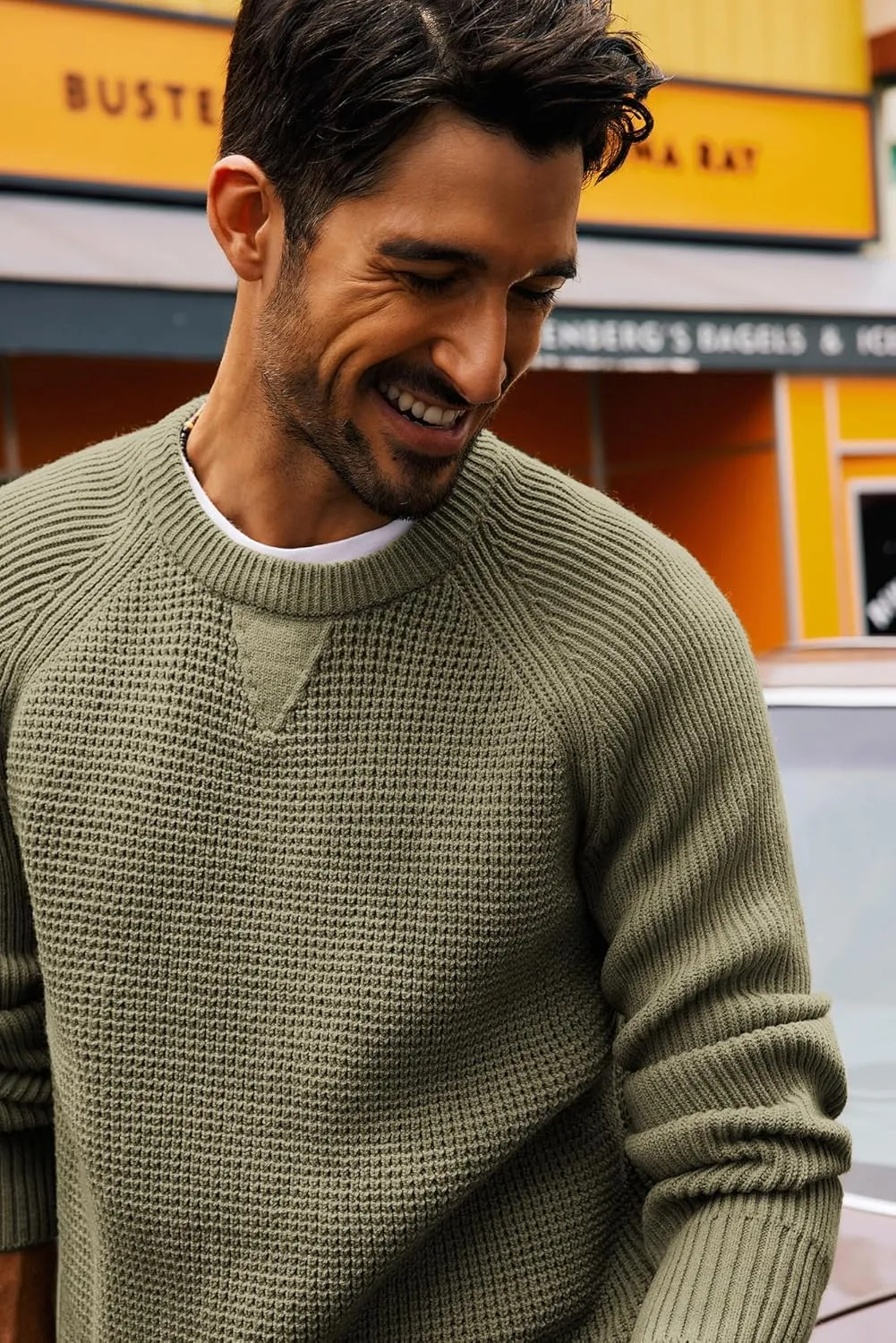 PJ PAUL JONES Mens Crewneck Sweater Waffle Knitted Pullover Sweaters Raglan Sleeve Knitwear Sweaters