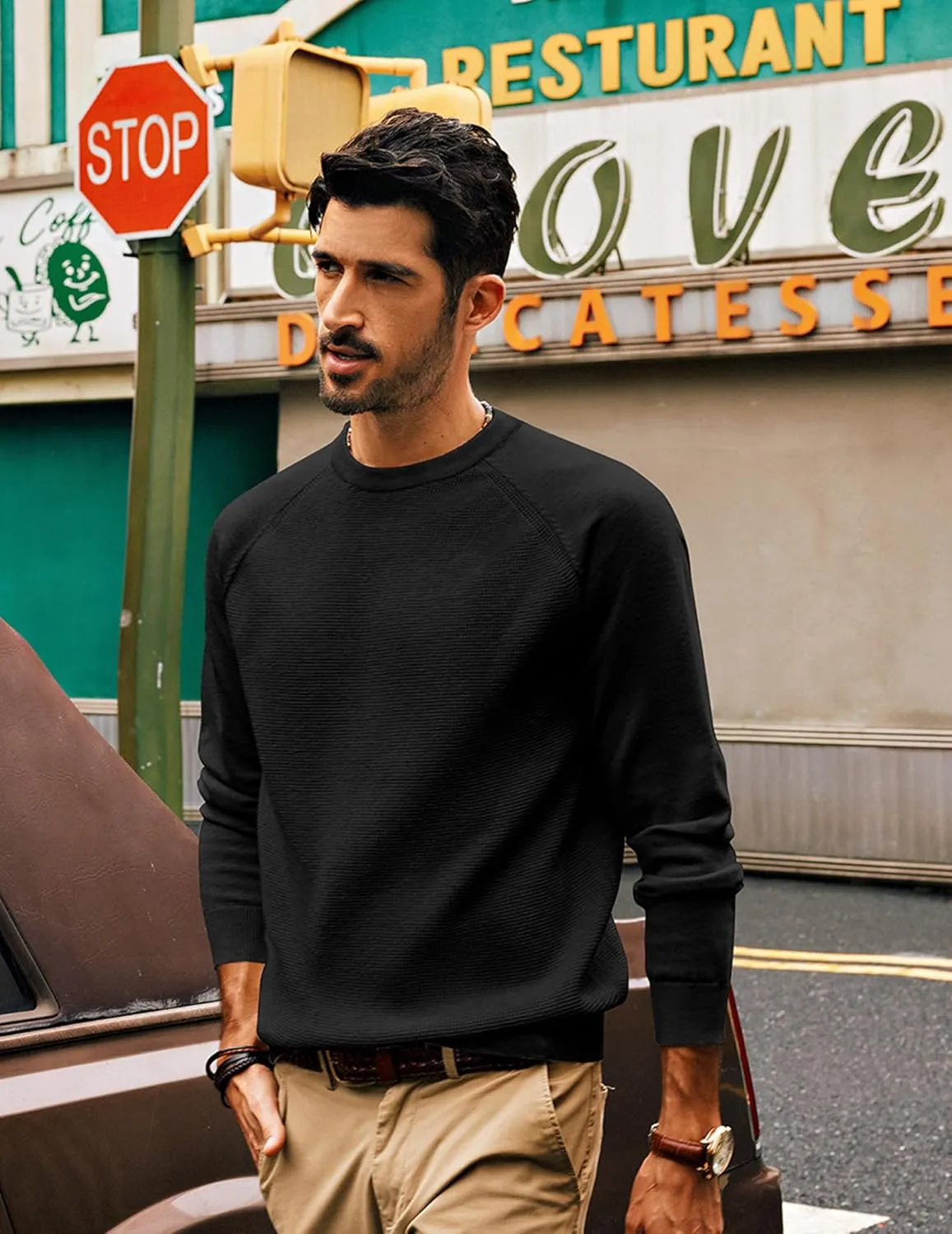 PJ PAUL JONES Mens Sweater Crewneck Knit Sweaters Waffle Textured Pullover Sweaters for Men