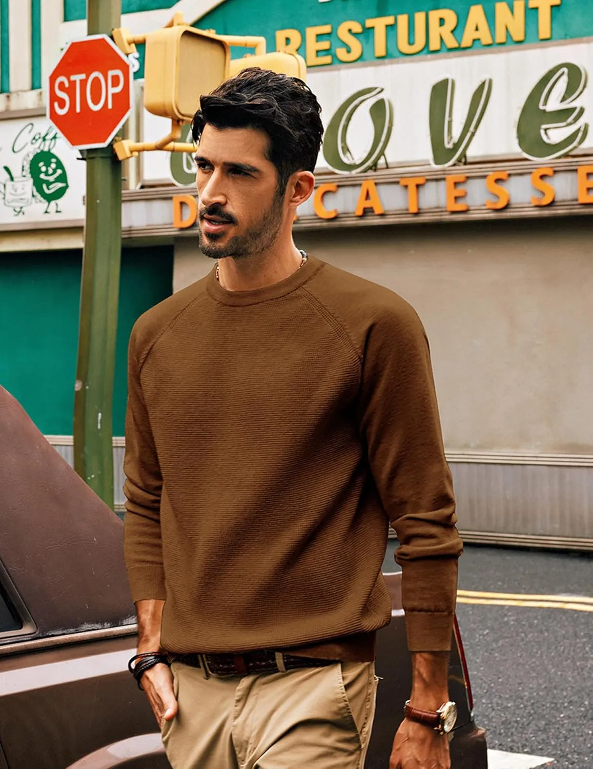 PJ PAUL JONES Mens Sweater Crewneck Knit Sweaters Waffle Textured Pullover Sweaters for Men