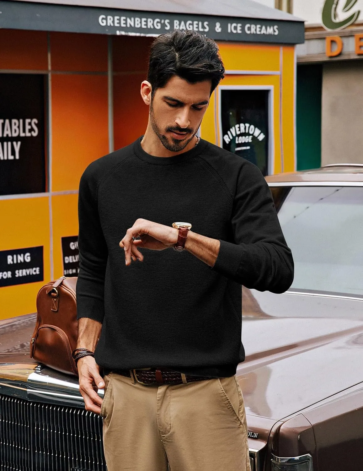 PJ PAUL JONES Mens Sweater Crewneck Knit Sweaters Waffle Textured Pullover Sweaters for Men