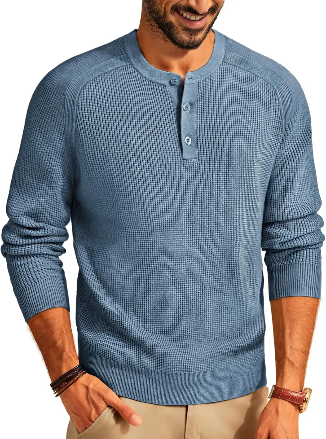 PJ PAUL JONES Mens Sweater Waffle Crewneck Pullover Sweaters Henley Sweater