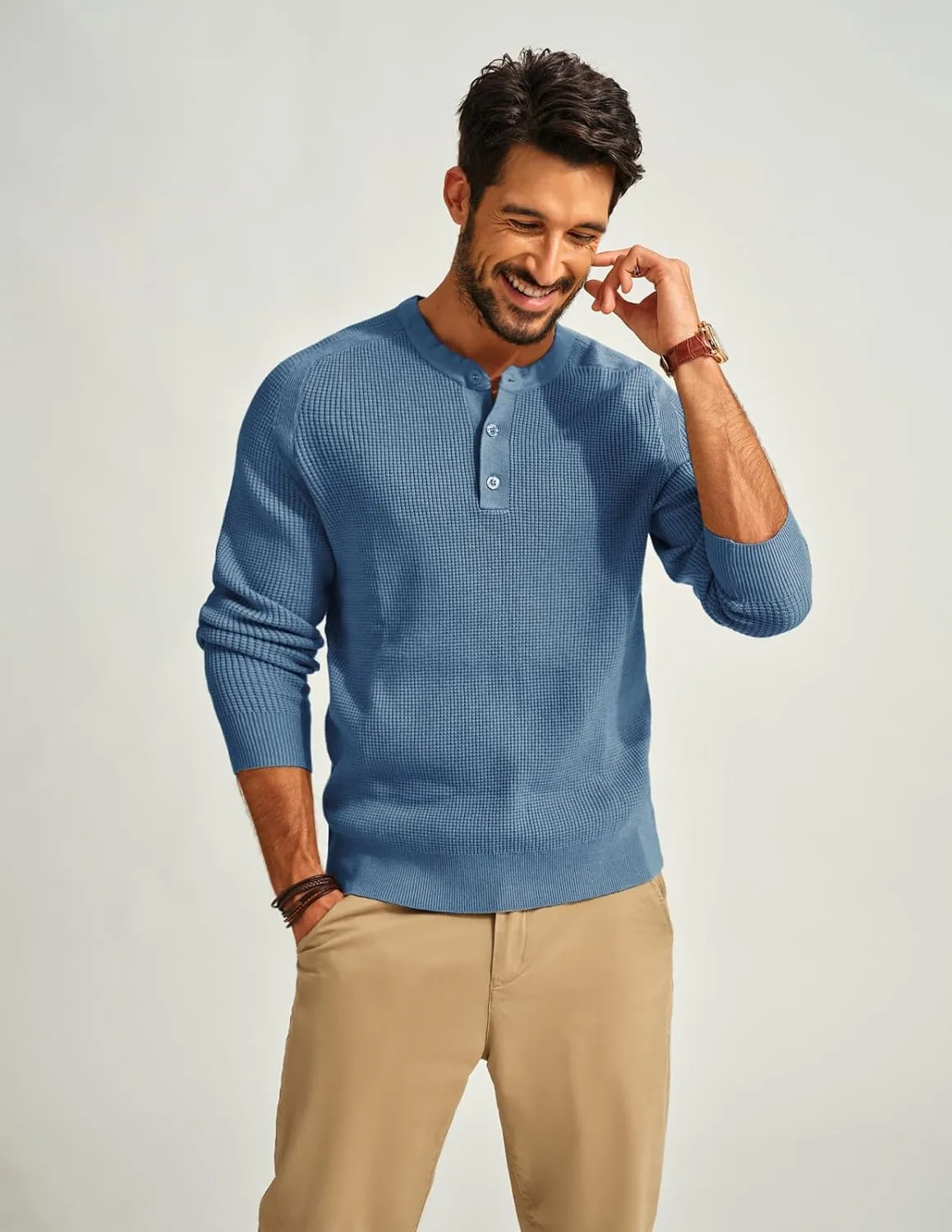 PJ PAUL JONES Mens Sweater Waffle Crewneck Pullover Sweaters Henley Sweater
