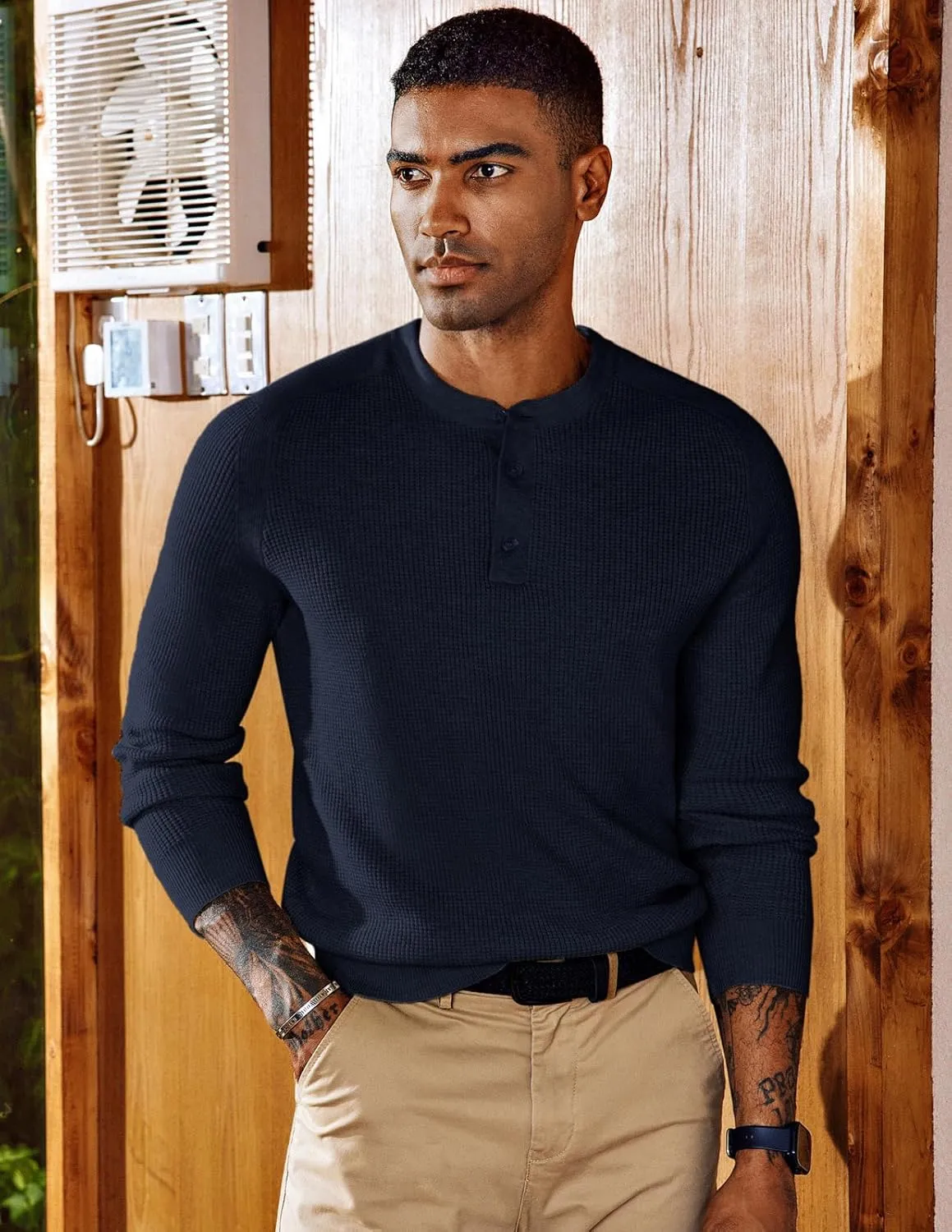 PJ PAUL JONES Mens Sweater Waffle Crewneck Pullover Sweaters Henley Sweater