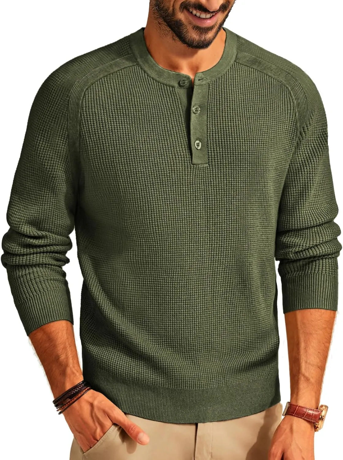 PJ PAUL JONES Mens Sweater Waffle Crewneck Pullover Sweaters Henley Sweater