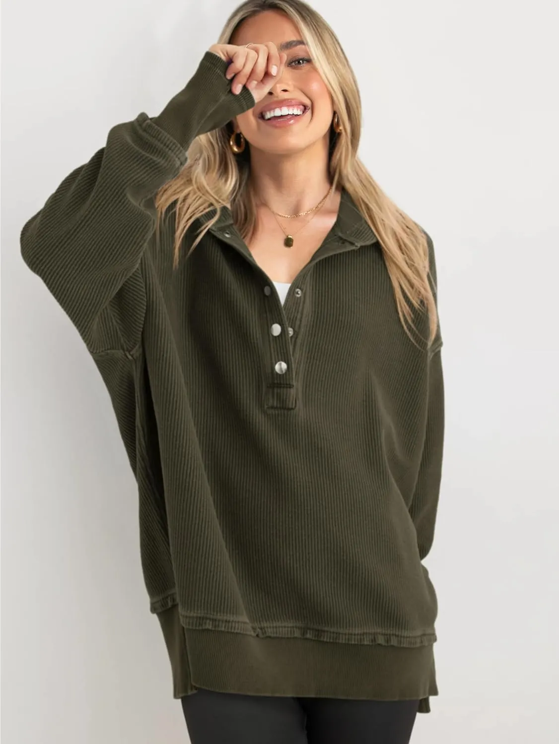 PRETTYGARDEN Womens Fashion 2025 Long Sleeve Hoodie Oversized Button Up V Neck Sweatshirt Side Slit Casual Pullover Tops