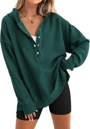 PRETTYGARDEN Womens Fashion 2025 Long Sleeve Hoodie Oversized Button Up V Neck Sweatshirt Side Slit Casual Pullover Tops