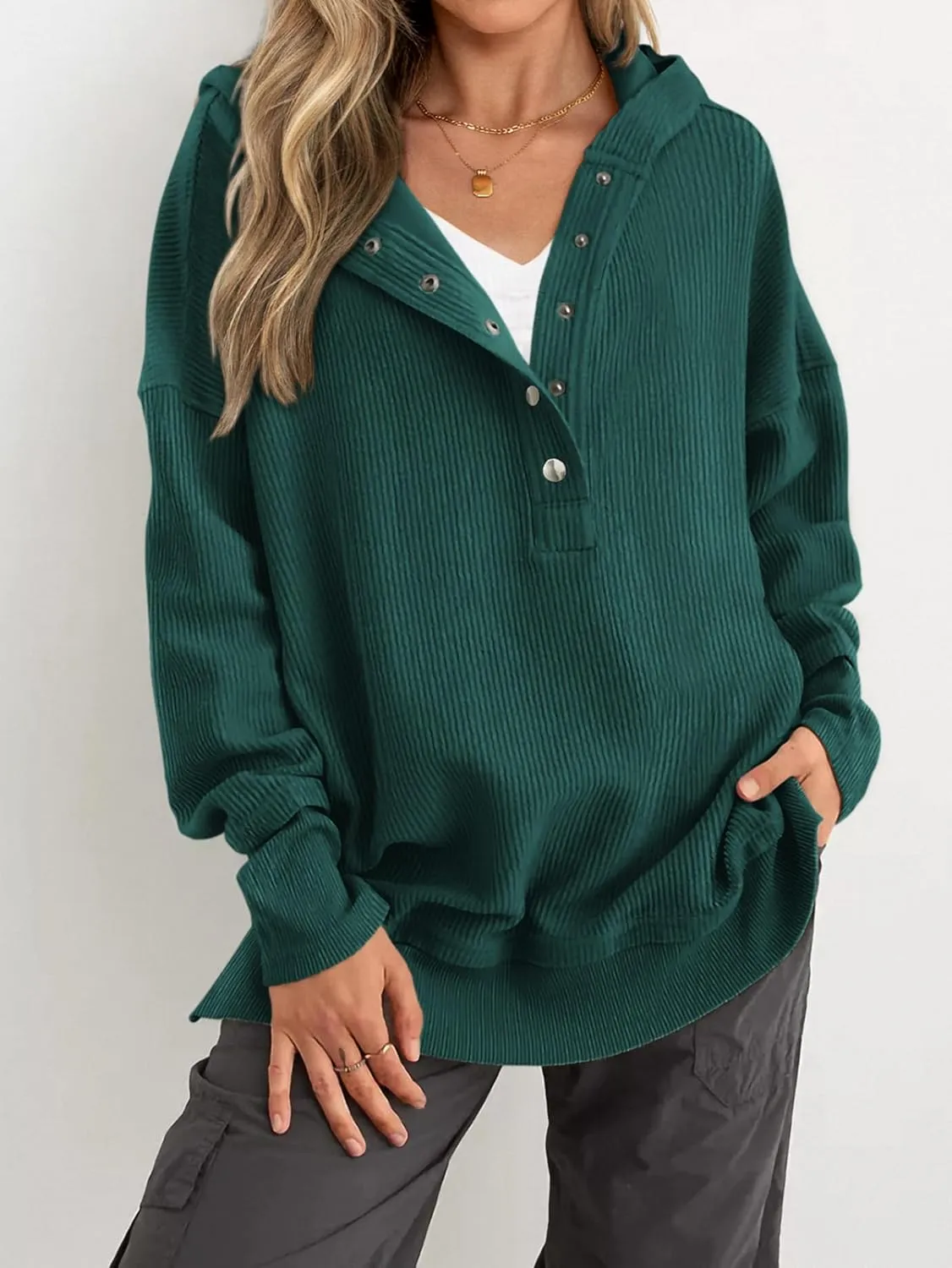 PRETTYGARDEN Womens Fashion 2025 Long Sleeve Hoodie Oversized Button Up V Neck Sweatshirt Side Slit Casual Pullover Tops