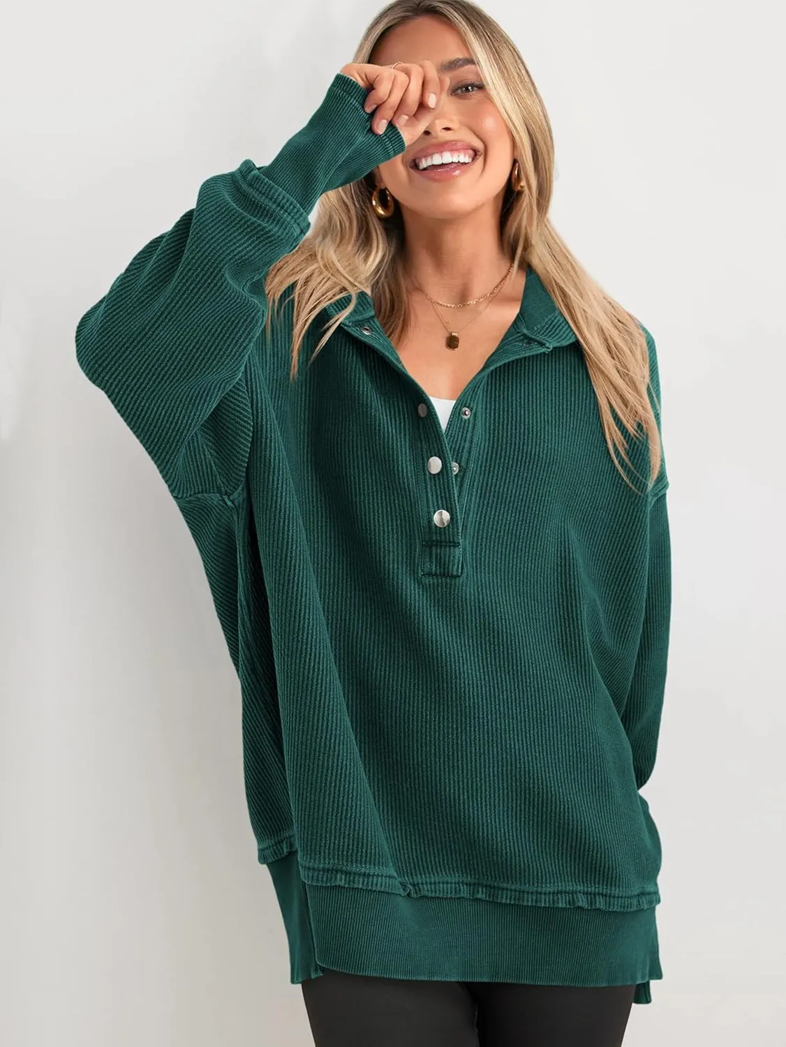 PRETTYGARDEN Womens Fashion 2025 Long Sleeve Hoodie Oversized Button Up V Neck Sweatshirt Side Slit Casual Pullover Tops