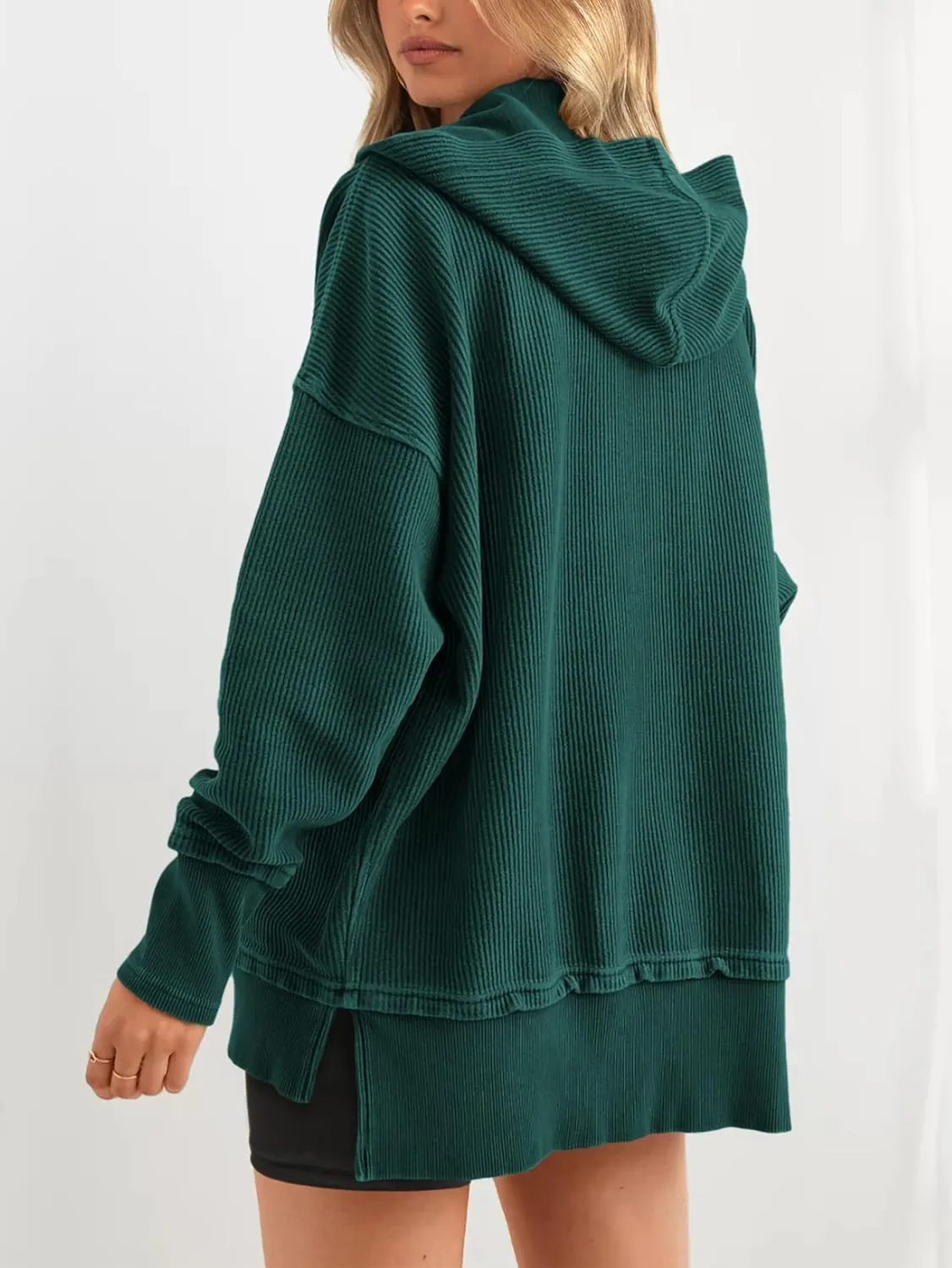 PRETTYGARDEN Womens Fashion 2025 Long Sleeve Hoodie Oversized Button Up V Neck Sweatshirt Side Slit Casual Pullover Tops