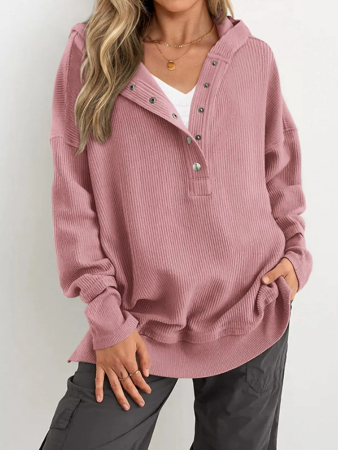 PRETTYGARDEN Womens Fashion 2025 Long Sleeve Hoodie Oversized Button Up V Neck Sweatshirt Side Slit Casual Pullover Tops