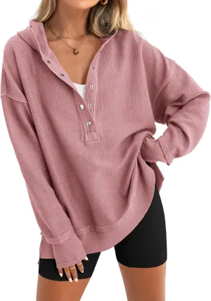 PRETTYGARDEN Womens Fashion 2025 Long Sleeve Hoodie Oversized Button Up V Neck Sweatshirt Side Slit Casual Pullover Tops