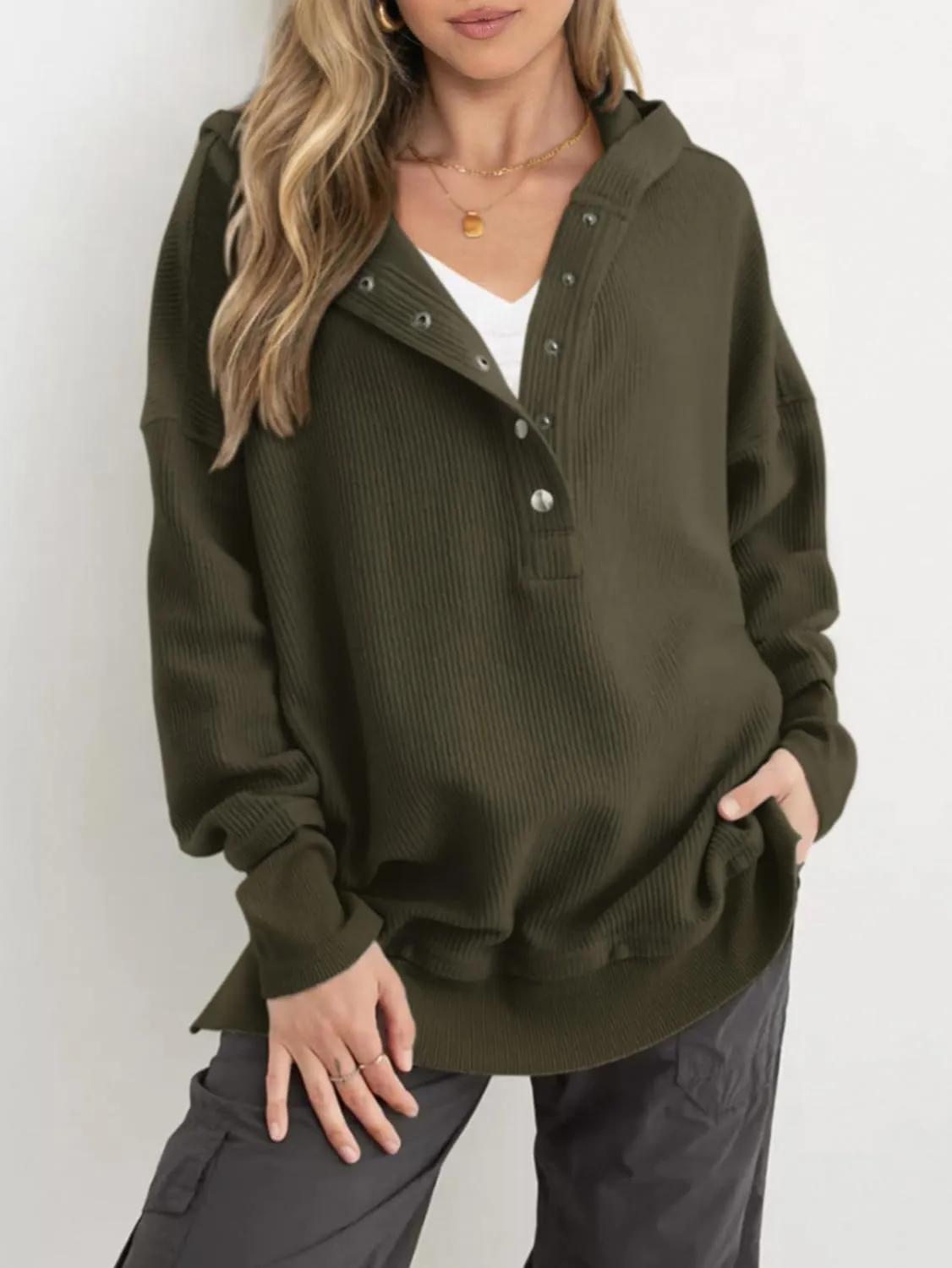 PRETTYGARDEN Womens Fashion 2025 Long Sleeve Hoodie Oversized Button Up V Neck Sweatshirt Side Slit Casual Pullover Tops