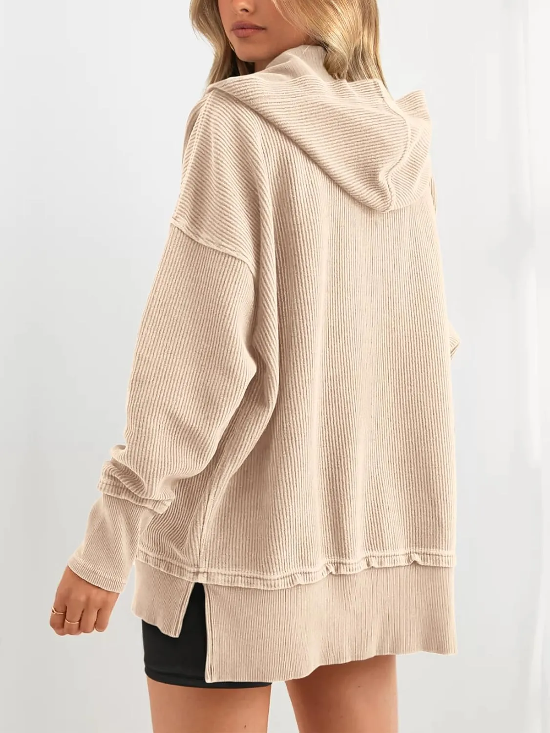 PRETTYGARDEN Womens Fashion 2025 Long Sleeve Hoodie Oversized Button Up V Neck Sweatshirt Side Slit Casual Pullover Tops