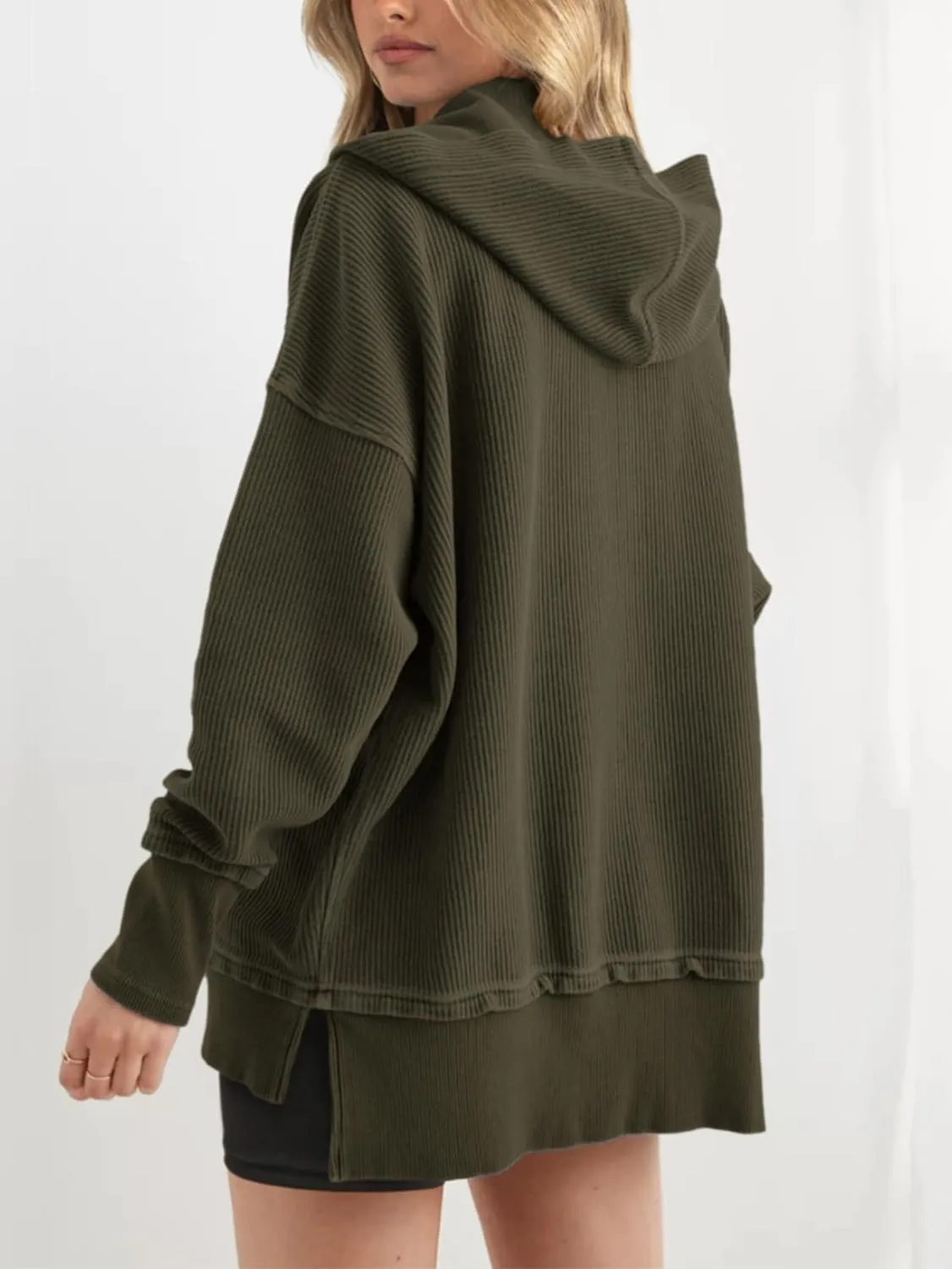 PRETTYGARDEN Womens Fashion 2025 Long Sleeve Hoodie Oversized Button Up V Neck Sweatshirt Side Slit Casual Pullover Tops