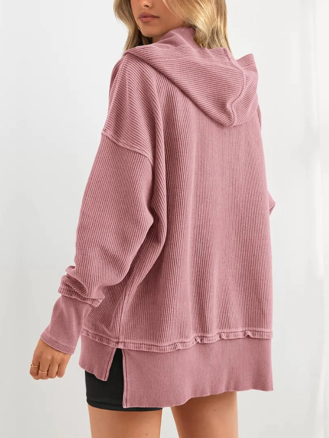 PRETTYGARDEN Womens Fashion 2025 Long Sleeve Hoodie Oversized Button Up V Neck Sweatshirt Side Slit Casual Pullover Tops