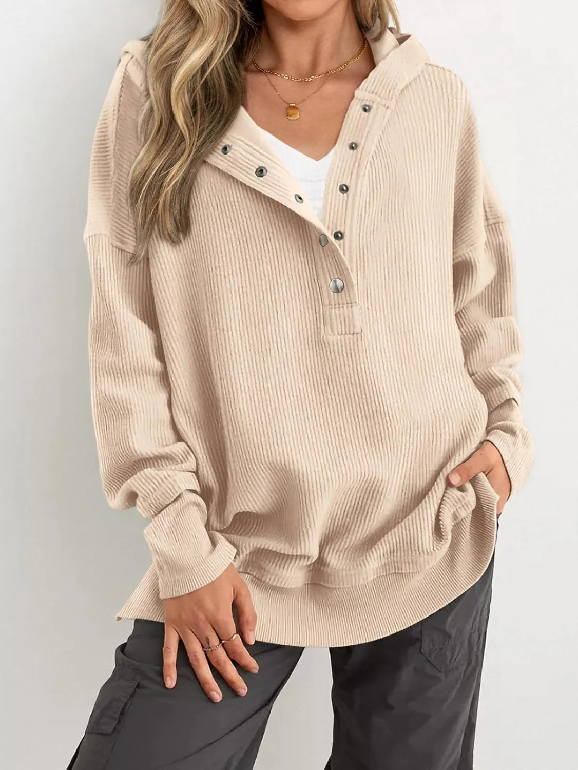 PRETTYGARDEN Womens Fashion 2025 Long Sleeve Hoodie Oversized Button Up V Neck Sweatshirt Side Slit Casual Pullover Tops