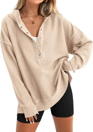 PRETTYGARDEN Womens Fashion 2025 Long Sleeve Hoodie Oversized Button Up V Neck Sweatshirt Side Slit Casual Pullover Tops