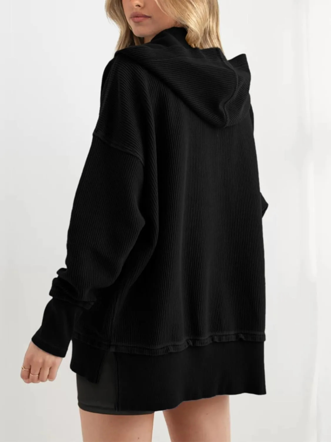 PRETTYGARDEN Womens Fashion 2025 Long Sleeve Hoodie Oversized Button Up V Neck Sweatshirt Side Slit Casual Pullover Tops