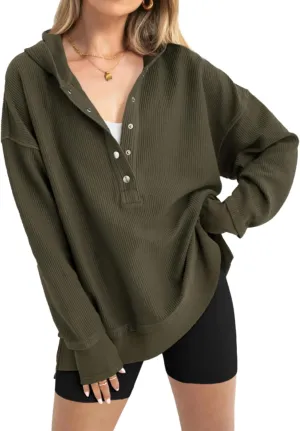 PRETTYGARDEN Womens Fashion 2025 Long Sleeve Hoodie Oversized Button Up V Neck Sweatshirt Side Slit Casual Pullover Tops
